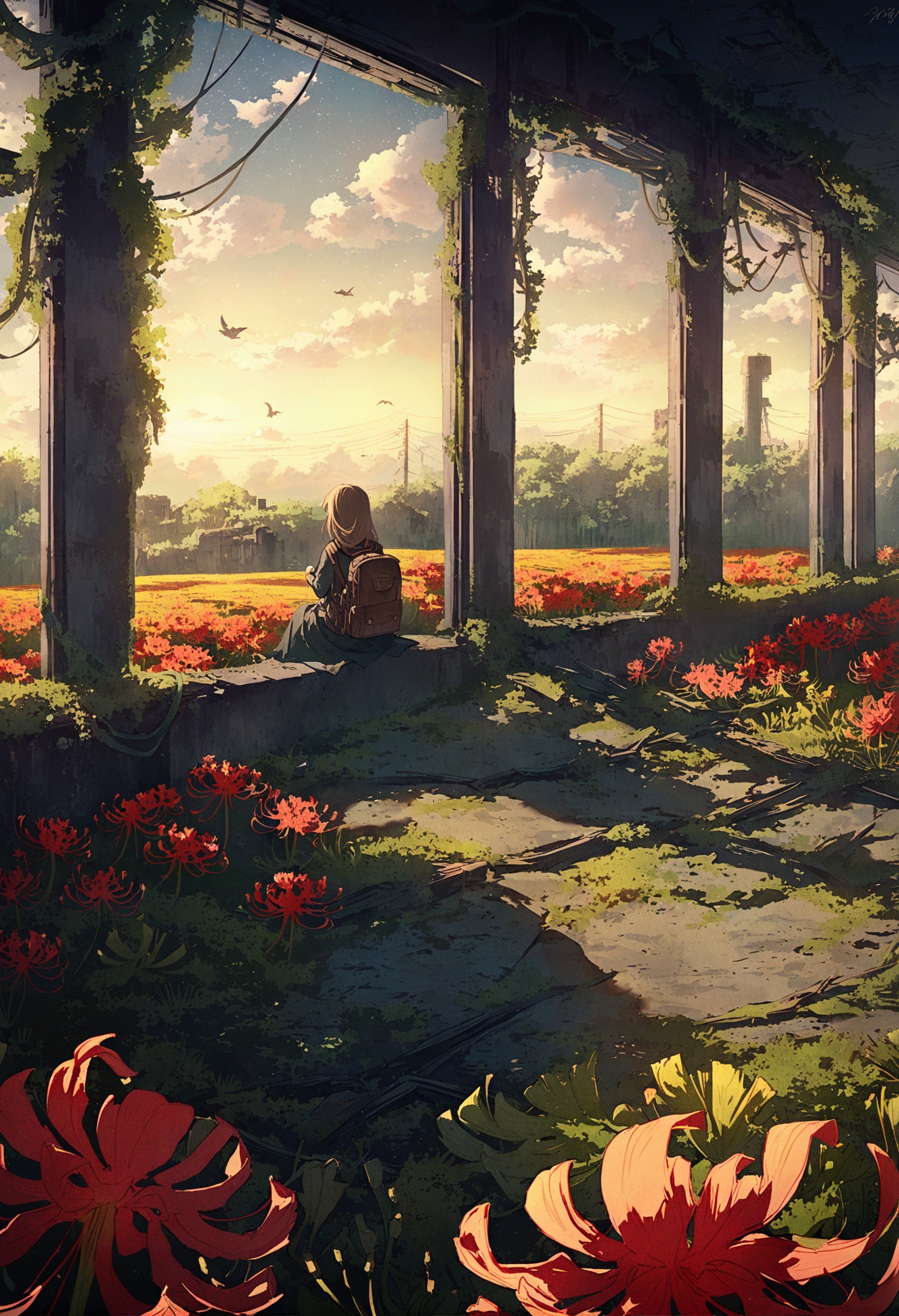 masterpiece, best quality, ,ruins, overgrown, scenery, flower, broken window, plant, window, moss, water, tree, sunflower, day, indoors, vines, yellow flower, outdoors, nature, post-apocalypse, artist name, sunlight, scenery, flower, tree, outdoors, sunlight, bird, plant, day, grass, ground vehicle, nature, motor vehicle, flower, spider lily, outdoors, field, solo, cloud, red flower, scenery, sky, flower field, tree, sitting, sunlight, cloudy sky, grass, dress, long sleeves, wide shot, day, outdoors, scenery, sky, tree, cloud, solo, power lines, star (sky), sunset, grass, bag, from behind, standing, starry sky, cloudy sky, fence, wide shot, facing away, backpack, utility pole, shadow, evening ,<lora:potgXLlokr4f-000143:1> <lora:sd_xl_dpo_lora_v1-128dim:1>