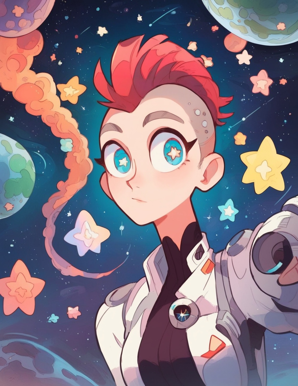 cute woman flowing in space,  planets,  shooting stars on Tensor.Art