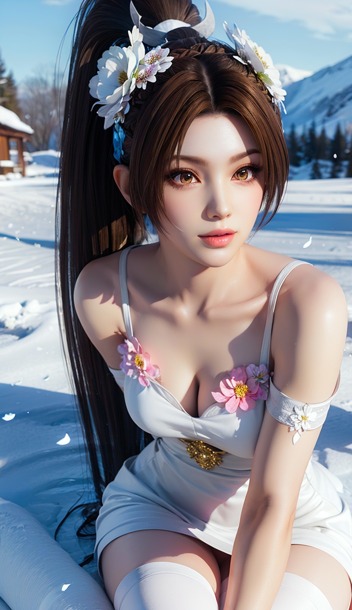masterpiece,highres,1girl,solo,sfw,<lora:add_detail:0.3>,looking at viewer,thighhighs,((beautiful Dress+stocking):1.25),((flower headdress:1.45)),((white theme:1.5)),snow,outdoors,snowflakes,sleeveless,(3D graphics),shiranui mai,brown eyes,<lora:shiranuimai-000007:0.7>,
