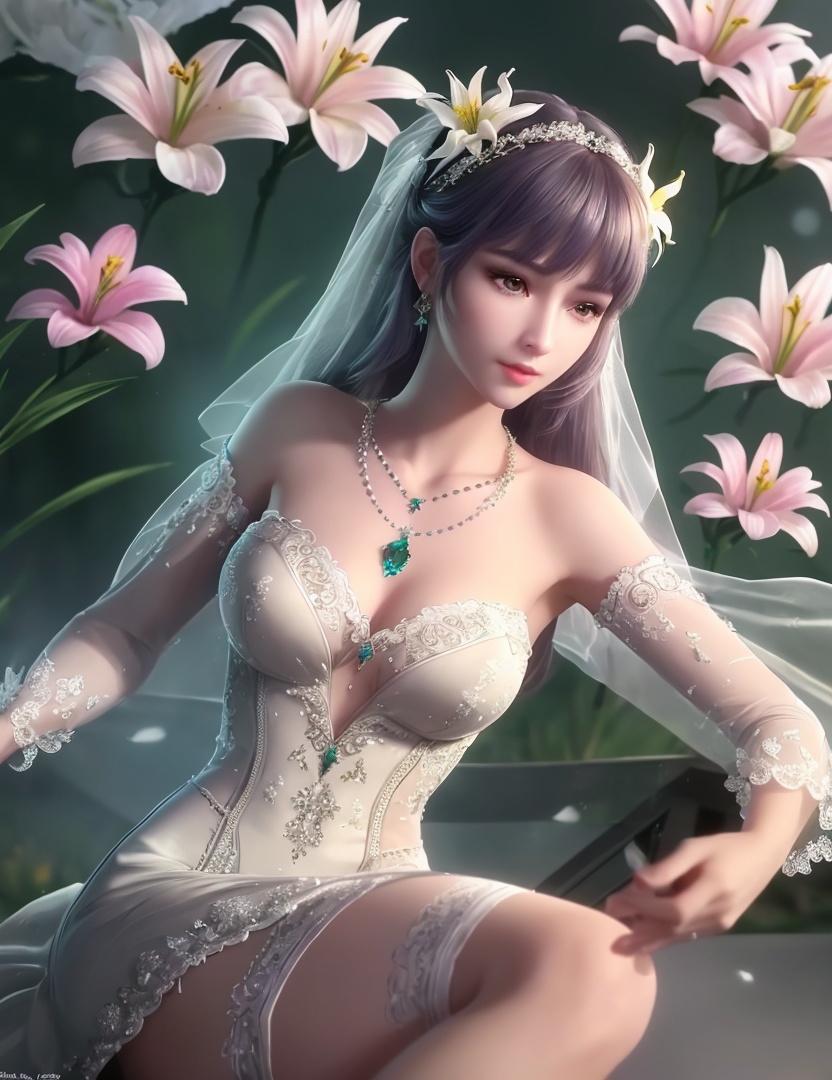 ultra realistic 8k cg, picture-perfect face, flawless, clean, masterpiece, professional artwork, famous artwork, cinematic lighting, cinematic bloom, perfect face, beautiful face, fantasy, dreamlike, unreal, science fiction,   lace, lace trim, lace-trimmed legwear,  (rich:1.4), prestige, luxury, jewelry, diamond, gold, pearl, gem, sapphire, ruby, emerald, intricate detail, delicate pattern, charming, alluring, seductive, erotic, enchanting, hair ornament, necklace, earrings, bracelet, armlet,halo((,1girl, pov,))  ((, 1girl, solo, star_\(symbol\),lily \(flower\),hair flower, wedding dress, jewelry))<lora:DA_BaiChenXiang:0.6>