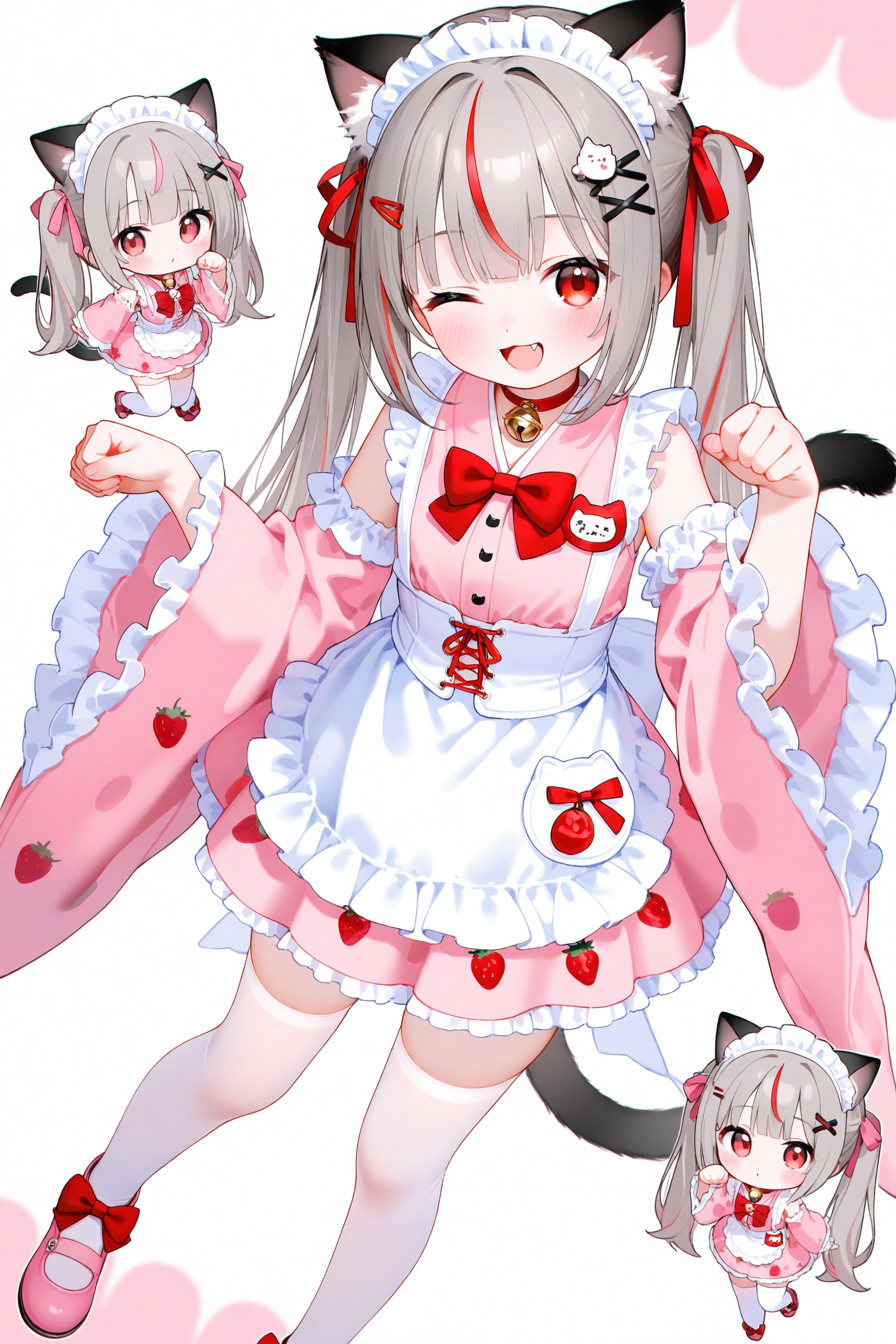 masterpiece,very aware,highres,absurdres,newest,best quality,petite,high quality,chromatic_aberration,cinematic_angle,dutch angle,child,petite,//,neneko mashiro, 1girl, animal ears, apron, bell, bow, bowtie, cat ears, cat girl, cat tail, chibi, chibi inset, choker, corset, detached sleeves, dress, fang, food print, footwear bow, frilled corset, frilled dress, frilled sleeves, frills, fruit print, full body, grey hair, hair ornament, hair ribbon, hairclip, jingle bell, long hair, maid apron, maid headdress, multicolored hair, name tag, neck ribbon, one eye closed, paw pose, pink dress, pink shoes, red bow, red bowtie, red choker, red eyes, red hair, red ribbon, ribbon, shoes, simple background, solo, strawberry print, streaked hair, tail, thighhighs, twintails, virtual youtuber, white apron, white background, white corset, white thighhighs, wide sleeves, x hair ornament, zettai ryouiki, absurdres, commentary, highres, untranslatable commentary, wide shot<lora:22222.NAI4h:0.8>,
