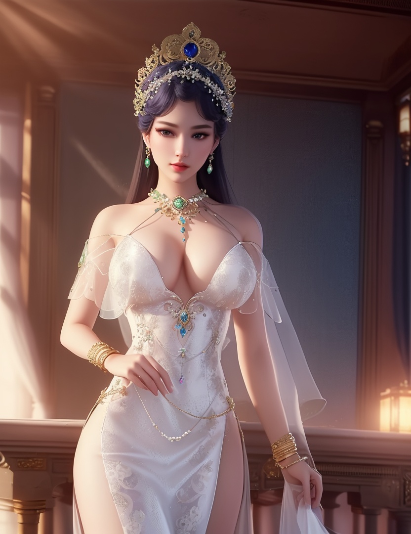 ultra realistic 8k cg, picture-perfect face, flawless, clean, masterpiece, professional artwork, famous artwork, cinematic lighting, cinematic bloom, perfect face, beautiful face, fantasy, dreamlike, unreal, science fiction,  beautiful clothes, lace, lace trim, lace-trimmed legwear,  (rich:1.4), prestige, luxury, jewelry, diamond, gold, pearl, gem, sapphire, ruby, emerald, intricate detail, delicate pattern, charming, alluring, seductive, erotic, enchanting, hair ornament, necklace, earrings, bracelet, armlet,halo((,1girl, pov,))(((,  1girl,  solo,looking at viewer, ))),(((1girl, solo, dress, jewelry,large breasts, )))<lora:DA_WhiteSnakeGreenSnake:0.7>