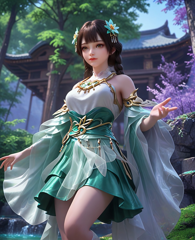 (oriental architecture, elegant decor, sophisticated style:1.1),Leaning against a tree, looking peaceful,,(breasts:1.2),<lora:XL16完美世界梦回仙古麒麟少女:0.95>,miss qilin,solo,white bodice,green skirt,brown eyes,black hair,twin braids,hair ornament,choker,green sash,sheer fabric overskirt,detached sleeves,white socks,, zPDXL2, score_9, score_8_up, score_7_up BREAK realistic, masterpiece,best quality, highly detailed,, zPDXL3, zPDXL2,zPDXL, zPDXLxxx, zPDXLrl,