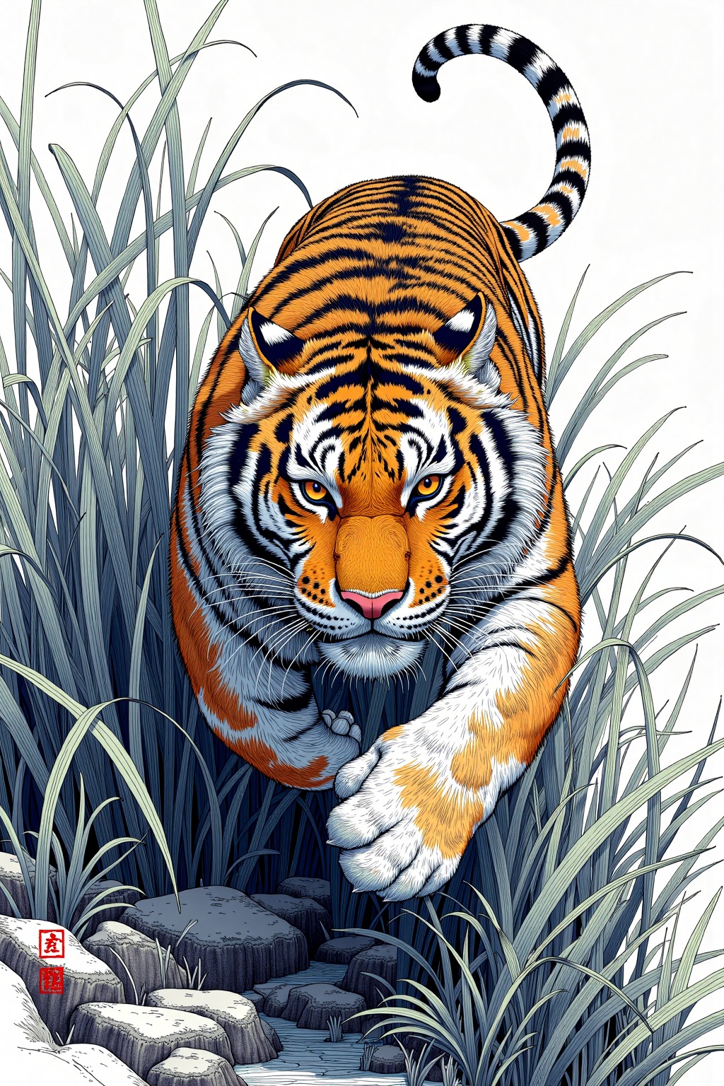 beijihui,a tiger in motion leaping through tall grass,powerful and majestic,Chinese ink-style portrait,