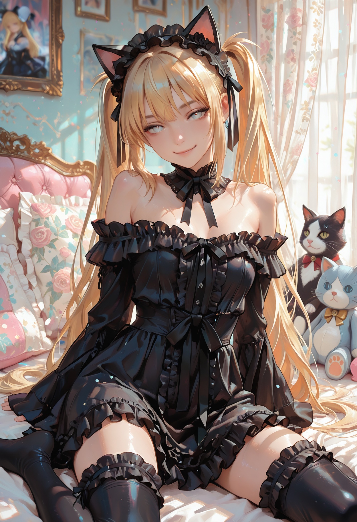 marie rose (doa),  blonde (very super long twintails) with black long ribbon,  (dynamic pose) on Tensor.Art