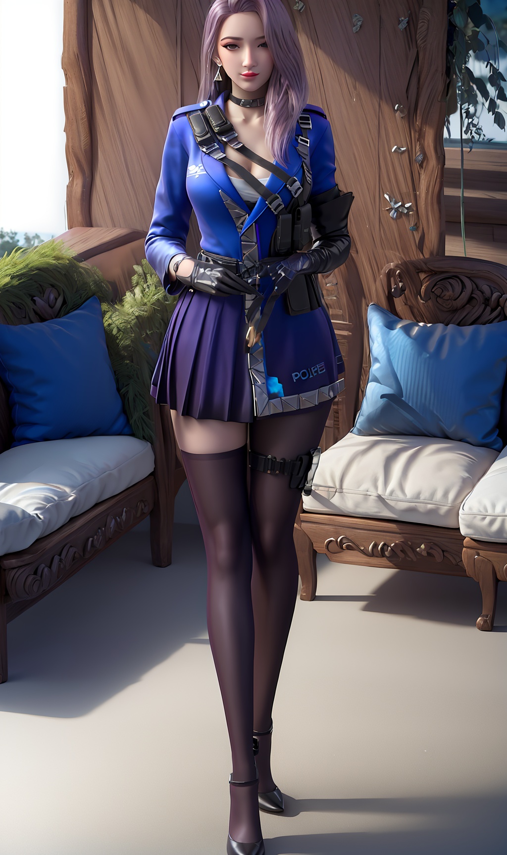 3D,masterpiece,(best quality),(makeup),official art, extremely detailed cg 8k wallpaper,((crystalstexture skin)), (extremely delicate and beautiful),(highly detailed),(1girl), (solo), (jewelry), (earrings),(purple__hair),(long_hair),(hair_ornament),(handwear),(standing),(breast:1.000),(cleavage:1.000),,,(full_body,whole_body),(collar:1.000),(gloves:1.000),(policewoman:1.000),(skirt:1.000),(chinese_clothes:1.000),(blue_dress:0.999),,(multicolored_clothes:1.000),(multicolored_dress:1.000),(thighhighs:1.000),(black_gloves:1.000),(pantyhose:1.000),(belt:0.999),,(blue_jacket:1.000),(coat:1.000),(sunshine, outdoor,sofa),((looking_at_viewer)),((Facing the camera)), (long_legs:0.787),  (high_heels:0.987),(black_shoes:0.987), , <lora:hipoly3DModelLora_v10:0.3>