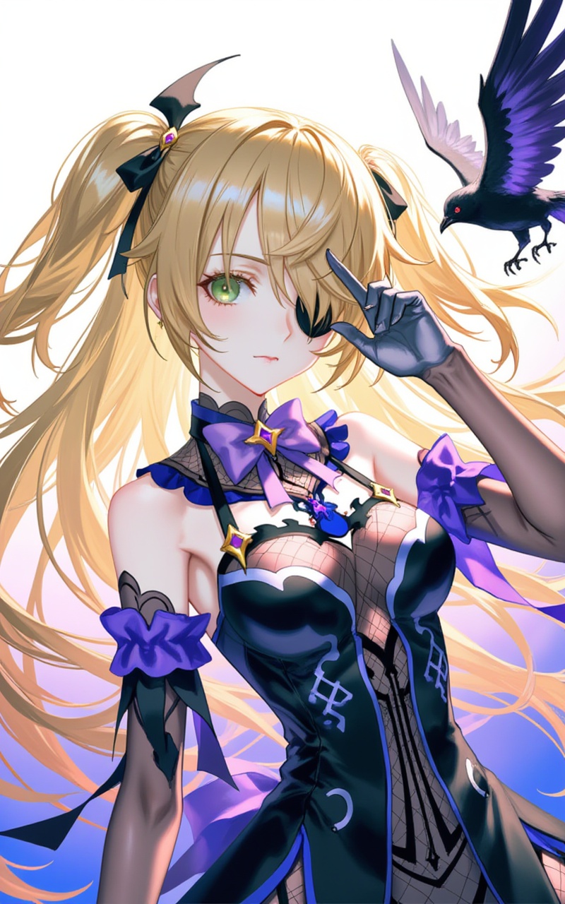 <lora:2D菲谢尔6:1.2>,feixieer,1girl,fischl \(genshin impact\),green eyes,eyepatch,blonde hair,bird,two side up,gloves,long hair,solo,breasts,bow,crow,bowtie,ribbon,bare shoulders,hair ribbon,purple bowtie,looking at viewer,parted lips,black gloves,dress,upper body,purple bow,hair over one eye,black dress,hand up,detached sleeves,small breasts,medium breasts,bodystocking,black ribbon,fishnets,5,cover,simple background,gradient_background,Close-up details,outstanding style,adding a touch of dimension to your images without compromising details,<lora:滤镜_动漫版9:0.4>,lvjing,