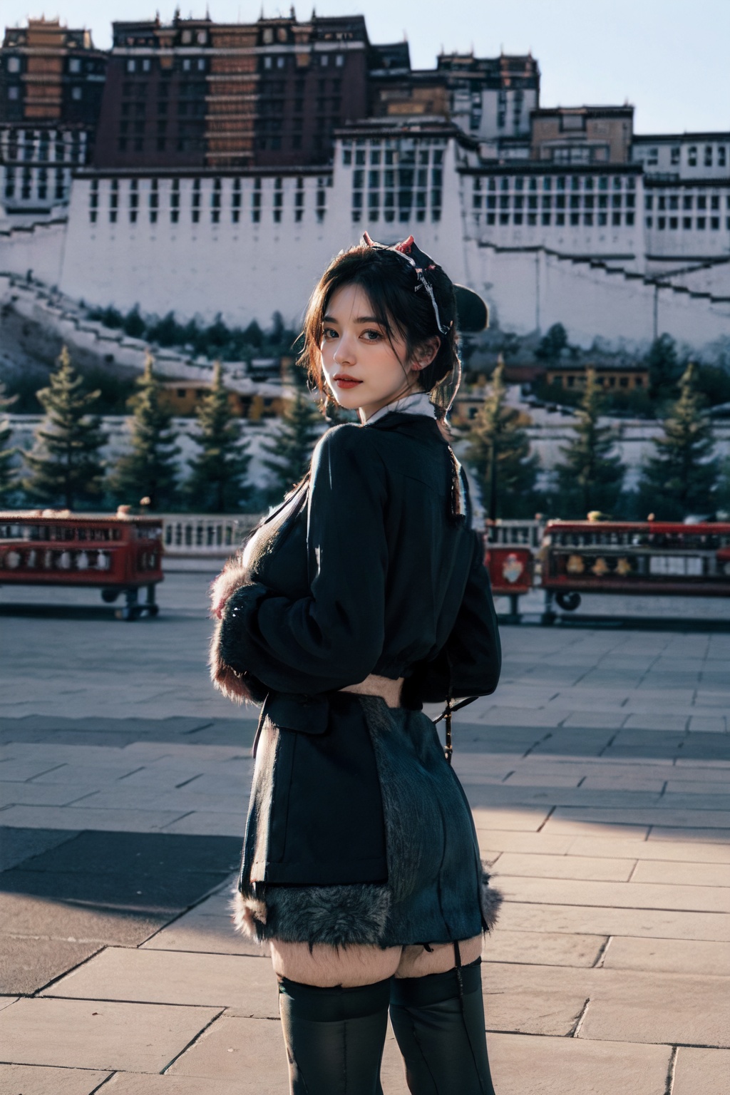 ((masterpiece)),((best quality)),(phot-relistic:1.4),8k,RAW photo,absurdreshyperdetailed,realistic,bokeh,depth of field,(Foreground blur:1.3),Deep Shadow,negative space,Minimalism,film grain,horror photography,vintage tone,high contrast,(dark blue theme:1.1),professional photography photos,emptiness,1girl,elegant,(sad:1.2),lazy,gloom,huge breasts,looking at viewer,(black thighhighs:1.6),from_side,<lora:Potala_muggle:0.6>,Potala muggle,building,outdoors,photo background,real world location,