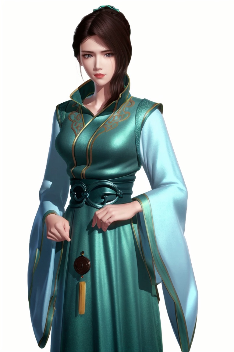 ((HRD, HUD, 8K)),((masterpiece, best quality)), highly detailed,1girl, solo, hair bun, brown hair, long hair, black hair, brown eyes, lips, chinese clothes, green dress, dress, long sleeves, wide sleeves, simple background, white background, cowboy shot, standing, looking at viewer,  <lora:20240511-1715391469403:0.71>