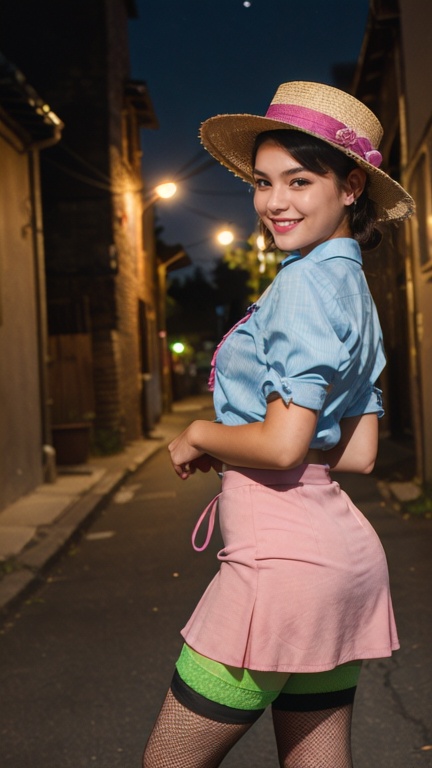 (Extremely Detailed gorgeous,  smiling photo of a 20-year-old girl dressed in a magenta unbuttoned shirt,  a short skirt o...