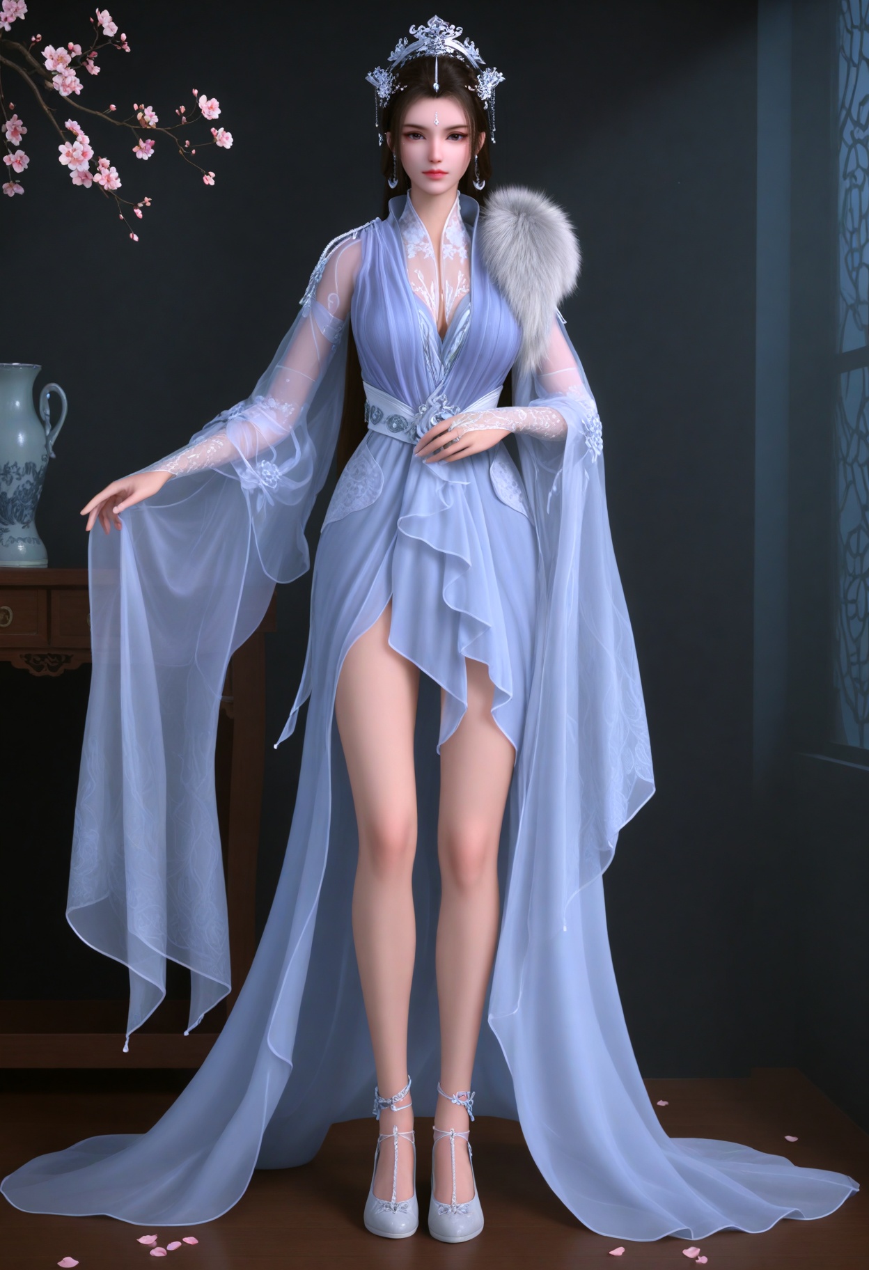 (full_body:1.1),(gigantic breasts:0.6),(slender:1.3),(looking_at_viewer:1.1),(masterpiece:1.1),(best quality:1.2),(intricate details),(smog:1.3),(Dark room:1.3),(dim lighting:1.3),peach blossom,falling petals,<lora:YQ_Illustrious光辉v5_月瑶_V1:0.8>,1girl,q1528437228,jewelry,hair_ornament,long_hair,black_hair,earrings,dress,chinese_clothes,realistic,white_dress,forehead_mark,facial_mark,hair_bun,fur_trim,brown_hair,flower,single_hair_bun,cape,long_sleeves,brown_eyes,necklace,gem,blue_eyes,braid,blue_dress,hair_flower,white_footwear,anklet,hand_fan,masterpiece,(best quality),(intricate details:0.9) BREAK (intricate details:0.9),(realistic skin:1.2),masterpiece,best quality,newest,absurdres,hiahres,