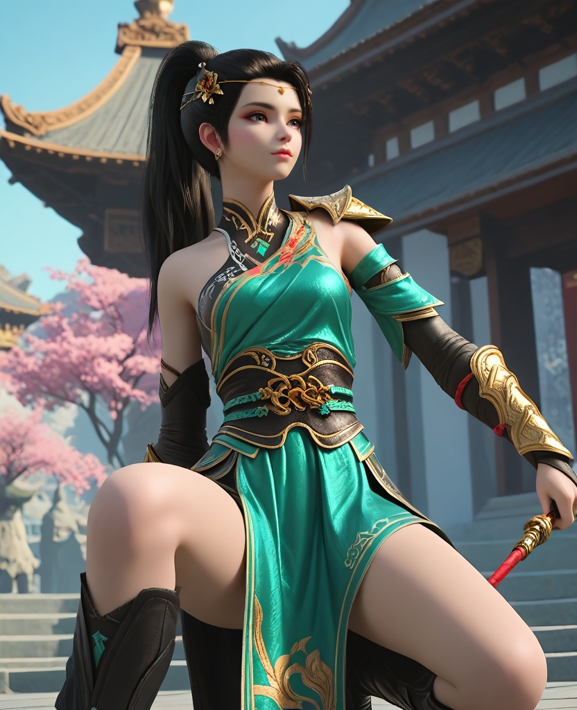 (oriental architecture, elegant decor, sophisticated style:1.1),Delicately tracing a path down her neck with her fingertips, she exudes vulnerability and desirability,(breasts:1.2),<lora:XL16大主宰唐芊儿:0.95>,miss tangqianer,green single-sleeve robe,black miniskirt,gray eyes,black hair,ponytail,hair ornament,pauldron,sash,bracer,single bare shoulder,asymmetrical fishnets,high-heeled knee boots,black underwear,, zPDXL2, score_9, score_8_up, score_7_up BREAK realistic, masterpiece,best quality, highly detailed,, zPDXL3, zPDXL2,zPDXL, zPDXLxxx, zPDXLrl,