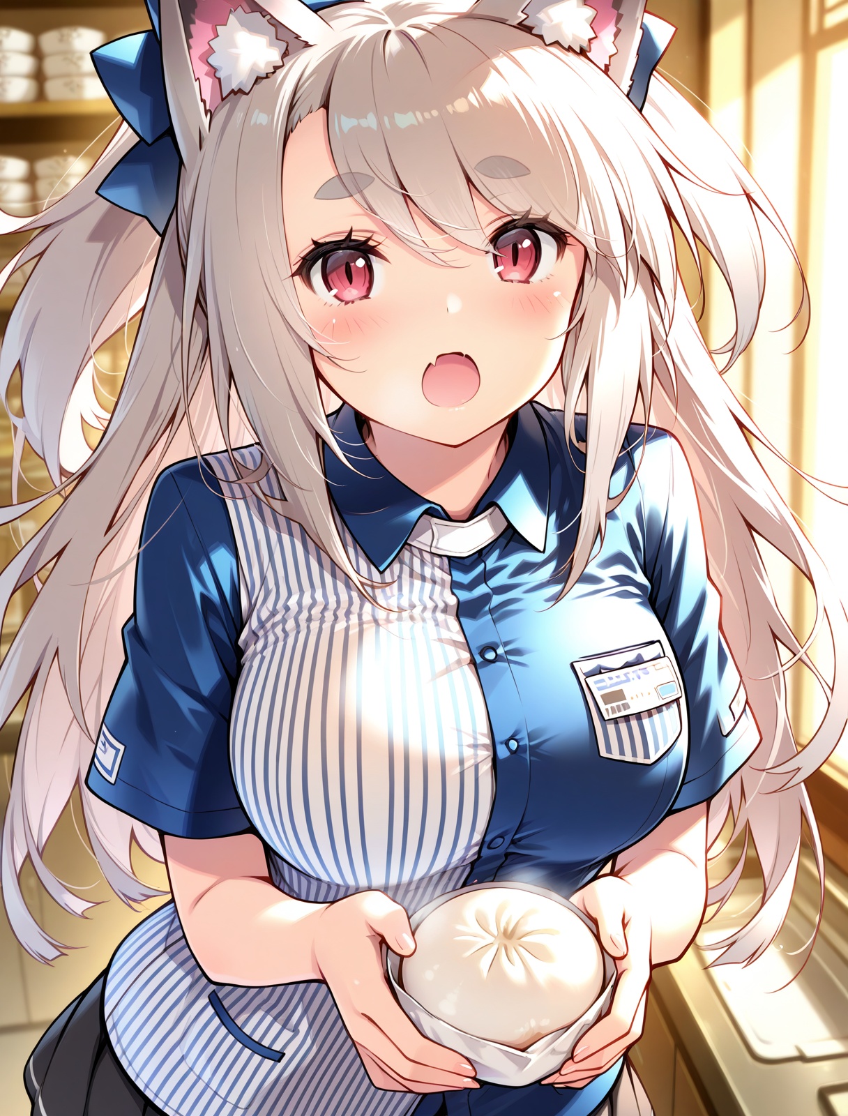 <lora:yuudachi_IL_v1.0:1>,yuudachi \(meat bun hunter\) \(azur lane\),holding baozi,open mouth,looking at viewer,blush,, masterpiece,best quality,