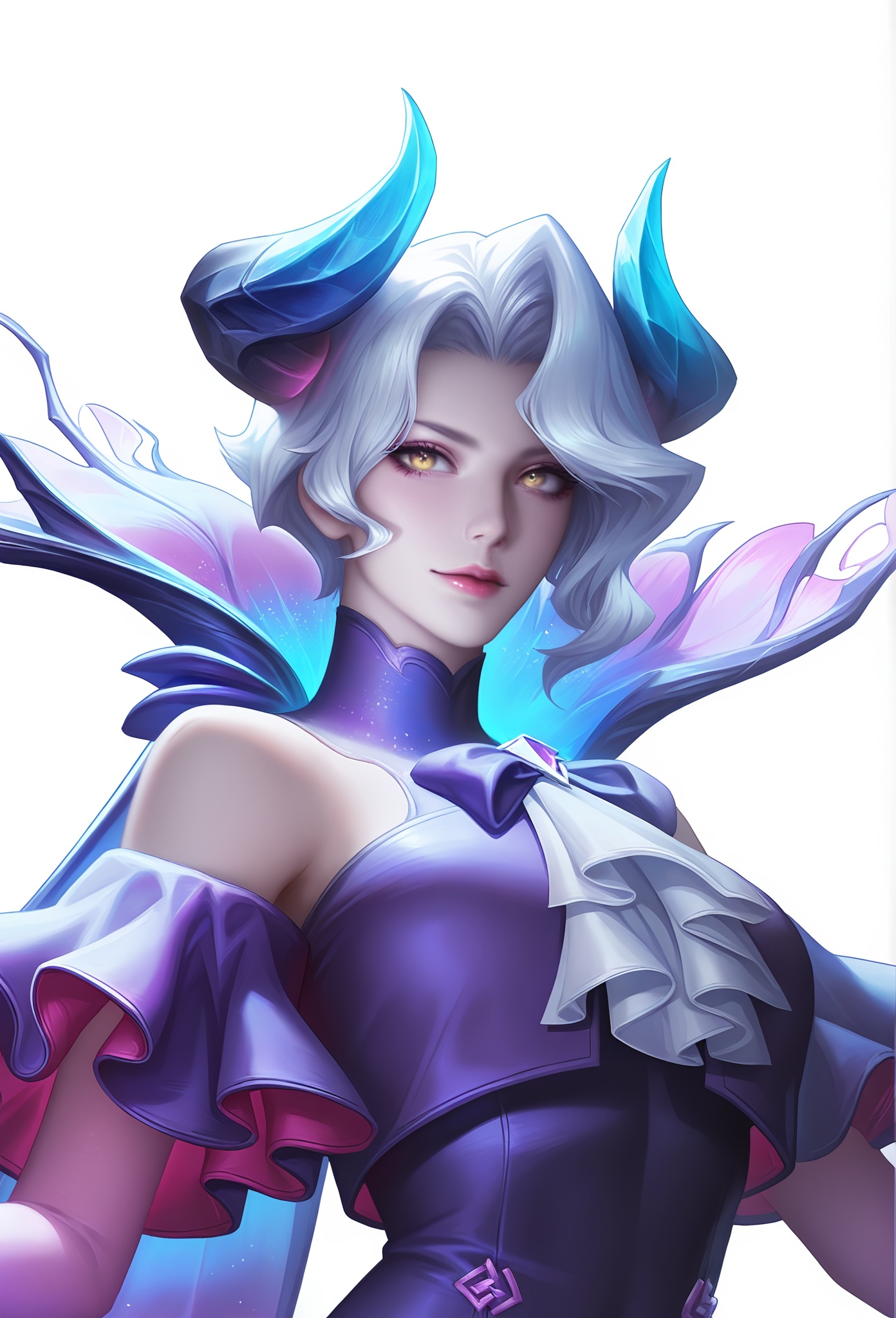 Kuze\(mld\)\(wzry\),simple background,white background,realistic,(front view:1.2),upper body,look at viewer,outstretched arms,standing,1girl,solo,white hair,short hair,horns,blonde eyes,turtleneck,bare shoulders,elaborate asymmetrical cape,purple romper,detached sleeves,ruffled sleeves,gradient elbow gloves,