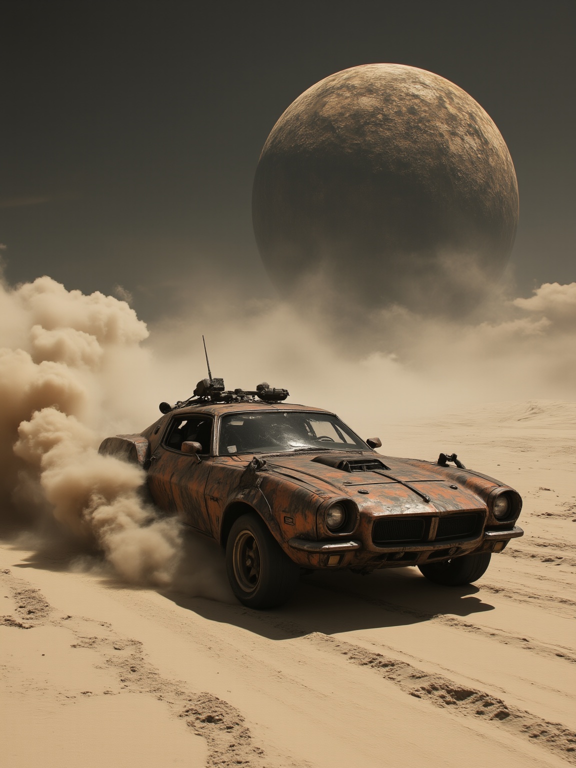 <lora:dark8:0.8>,a steampunk-style sports car drives fast in the desert,roll up a lot of smoke,dynamic fuzzy,there's a huge piece of planet in the sky,