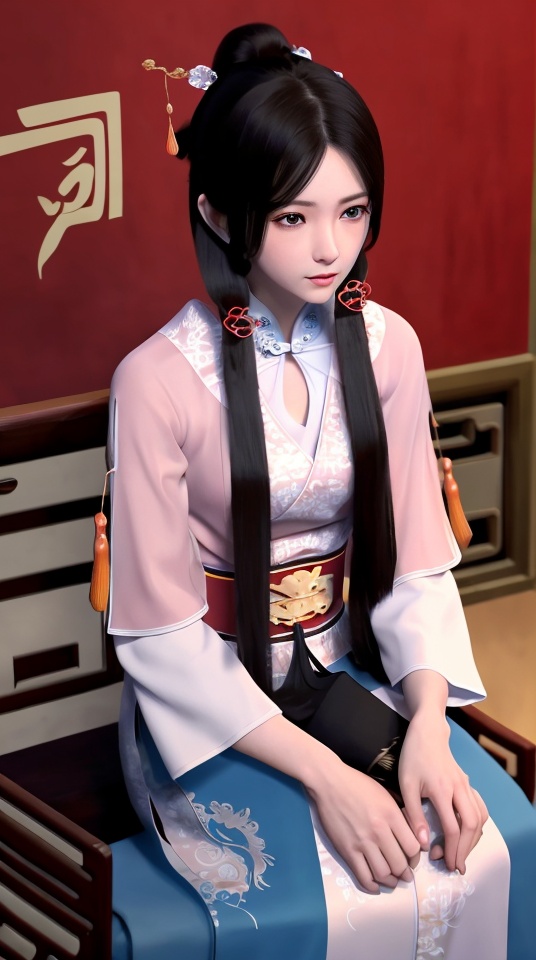 (best quality),(masterpiece),illustration,extremely detailed,1girl,solo,blue eyes,long hair,black hair，hair ornament,(Chinese dress:1.4),white background,simple background,blush,full body,sitting,off shoulder,open mouth,bare shoulders,long sleeves,collarbone,large breasts,cleavage,bangs,sleeves past wrists,,<lora:9bdeb2e030653e32c277c883cc2dff4ddafe463bffe9a57043836afd9c0188e6:0.5>