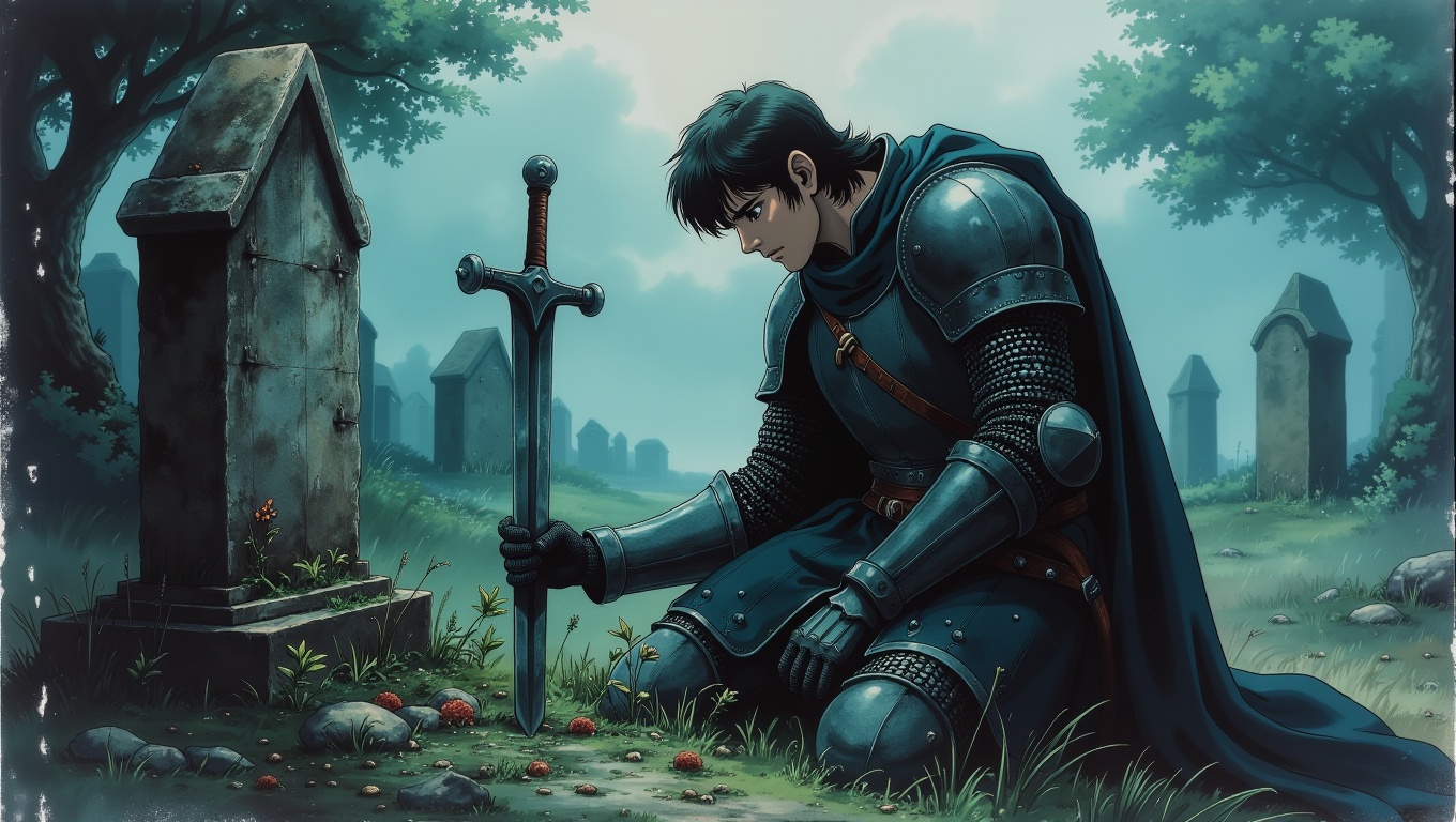 A solemn medieval knight,  kneels beside the grave of a fallen comrade in a quiet,  misty graveyard. The knight’s armor is...