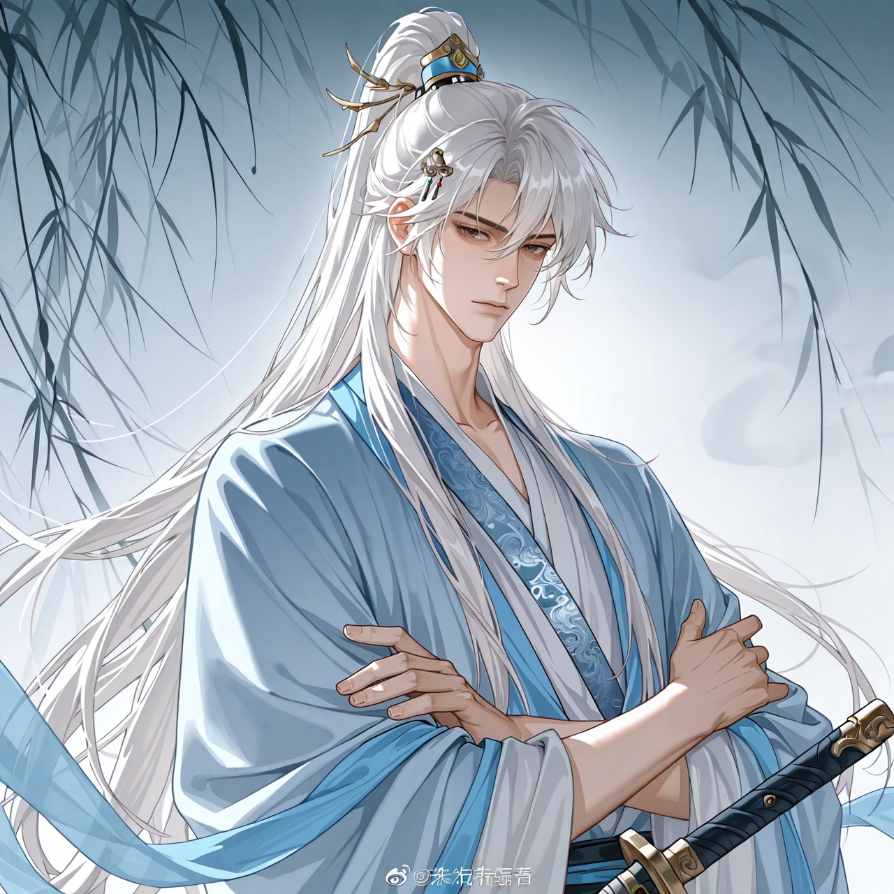 touxiang,1boy,male focus,solo,long hair,bishounen,chinese clothes,hanfu,ponytail,white hair,high ponytail,weapon,upper body,sword,crossed arms,hair ornament,<lora:touxiang_ill:1>,