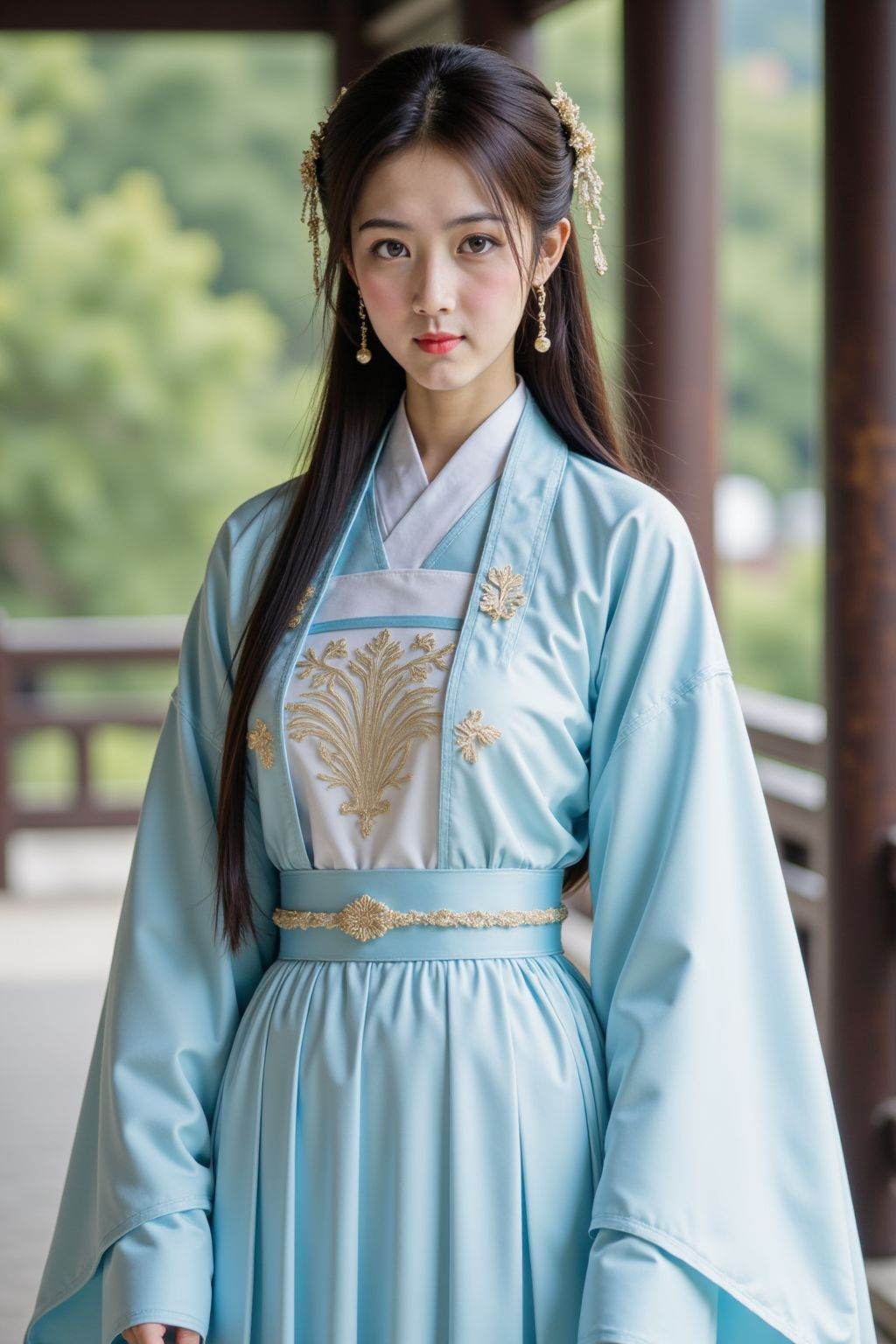 The image depicts a person dressed in traditional East Asian attire, specifically a hanfu. The outfit is light blue with intricate gold embroidery on the chest area, and the person is wearing a matching light blue outer garment. The individual has long, dark hair styled with delicate hairpins and earrings. The background features a wooden structure with vertical columns and a railing, suggesting an outdoor setting with greenery visible in the distance. The overall scene has a serene and traditional aesthetic.
