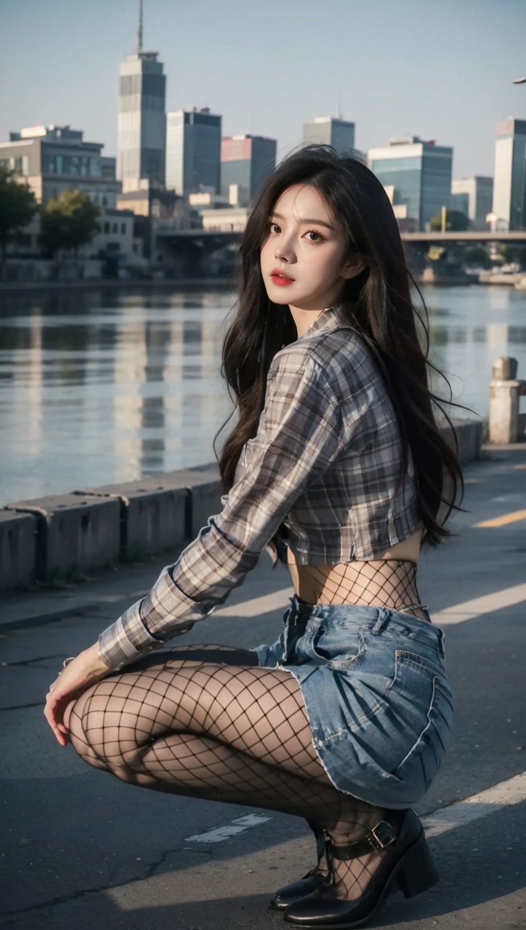 ((masterpiece)),best quality,perfect anatomy,8K wallpaper,mWaistSilk,1girl,denim skirt,long hair,outdoors,plaid shirt,black hair,fishnet pantyhose,fishnets,blue skirt,crop top,long sleeves,squatting,<lora:mWaistStockings:0.7>,
