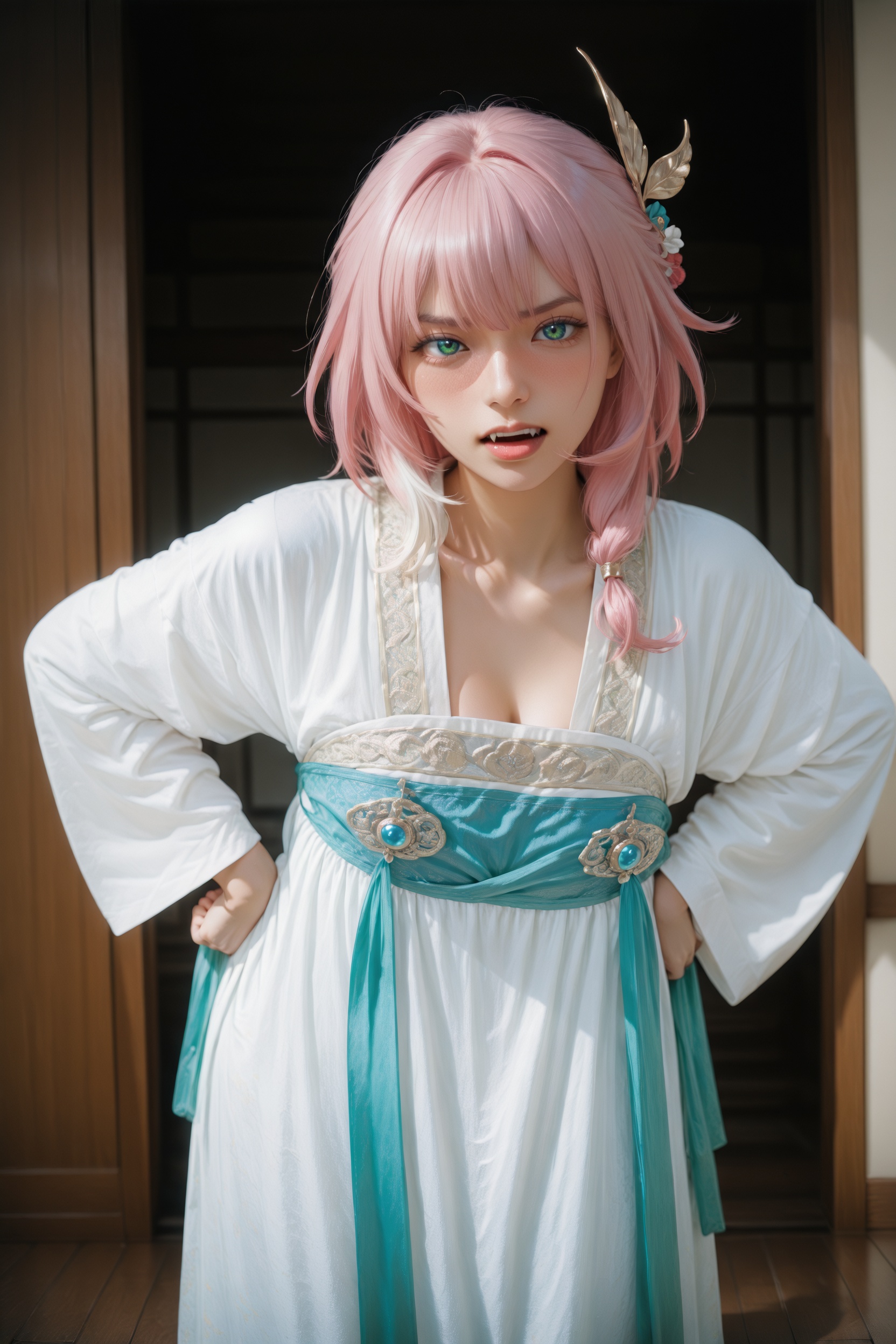 (realistic),(photorealistic:0.9),detailed,official wallpaper,newest,photo-referenced,.,.,general,.,.,1girl,feet out of frame,full-face blush,angry,jewelry,traditional chinese hanfu,indoors,day,cyrene \(honkai: star rail\),hands on own hips,fangs,, very aesthetic, masterpiece, highres, absurdres,, RAW candid cinema, 16mm, color graded portra 400 film, remarkable color, ultra realistic, textured skin, remarkable detailed pupils, realistic dull skin noise, visible skin detail, skin fuzz, dry skin,