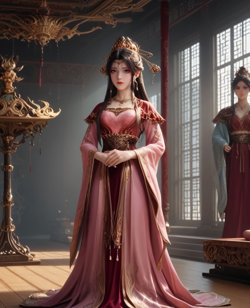 (oriental architecture, elegant decor, sophisticated style:1.1),(having a workout at the gym,barbell:1.1),(breasts:1.2),<lora:XL16牧神记灵毓秀:0.95>,miss lingyuxiu,red short top worn over pink tiered dress,grey eyes,black hair,draped chignon with front tubes hair,very long hair,necklace,wide flowing sleeves,red petticoat,pelvic curtain,, score_9,score_8_up,score_7_up,score_6_up,score_5_up,score_4_up,3d rendering,tag1,tag2, Cinematic Lighting,backlighting,