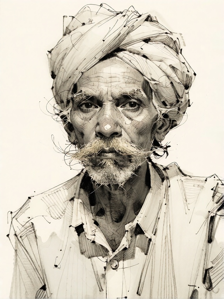Bradhamel art style. A detailed sketch of an elderly Indian man with a deeply lined face,  wearing a traditional white tur...
