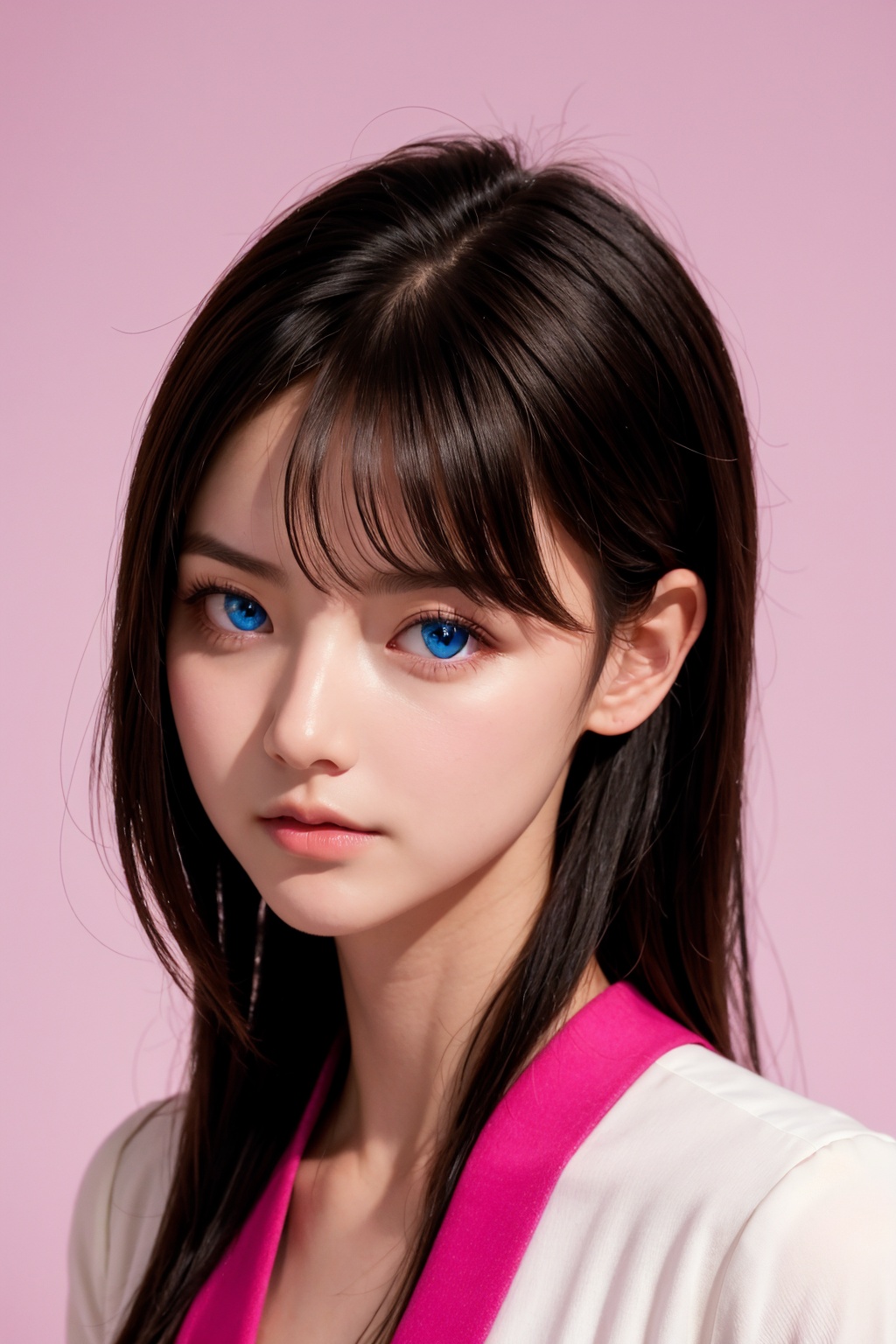 <lora:AgainEyes:1.25>,1girl,black hair,portrait,white dress,blue eyes,shining eyes,(pink simple background:1.25),