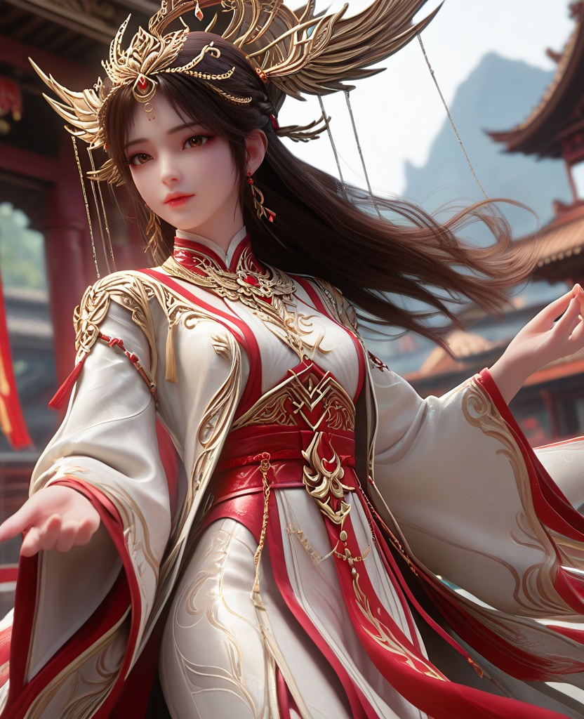 (oriental architecture, elegant decor, sophisticated style:1.1),jumping,(breasts:1.2),<lora:XL16完美世界火灵儿祈福装:0.85>,miss huolinger,solo,white robe with red chiffon dress underneath,sash,black hair,hair ornament,long hair,brown eyes,red lips,white topwear,pelvic curtain,wide sleeves of red chiffon,jewelry,earrings,, zPDXL2, score_9, score_8_up, score_7_up BREAK realistic, masterpiece,best quality, highly detailed,, zPDXL3, zPDXL2,zPDXL, zPDXLxxx, zPDXLrl,