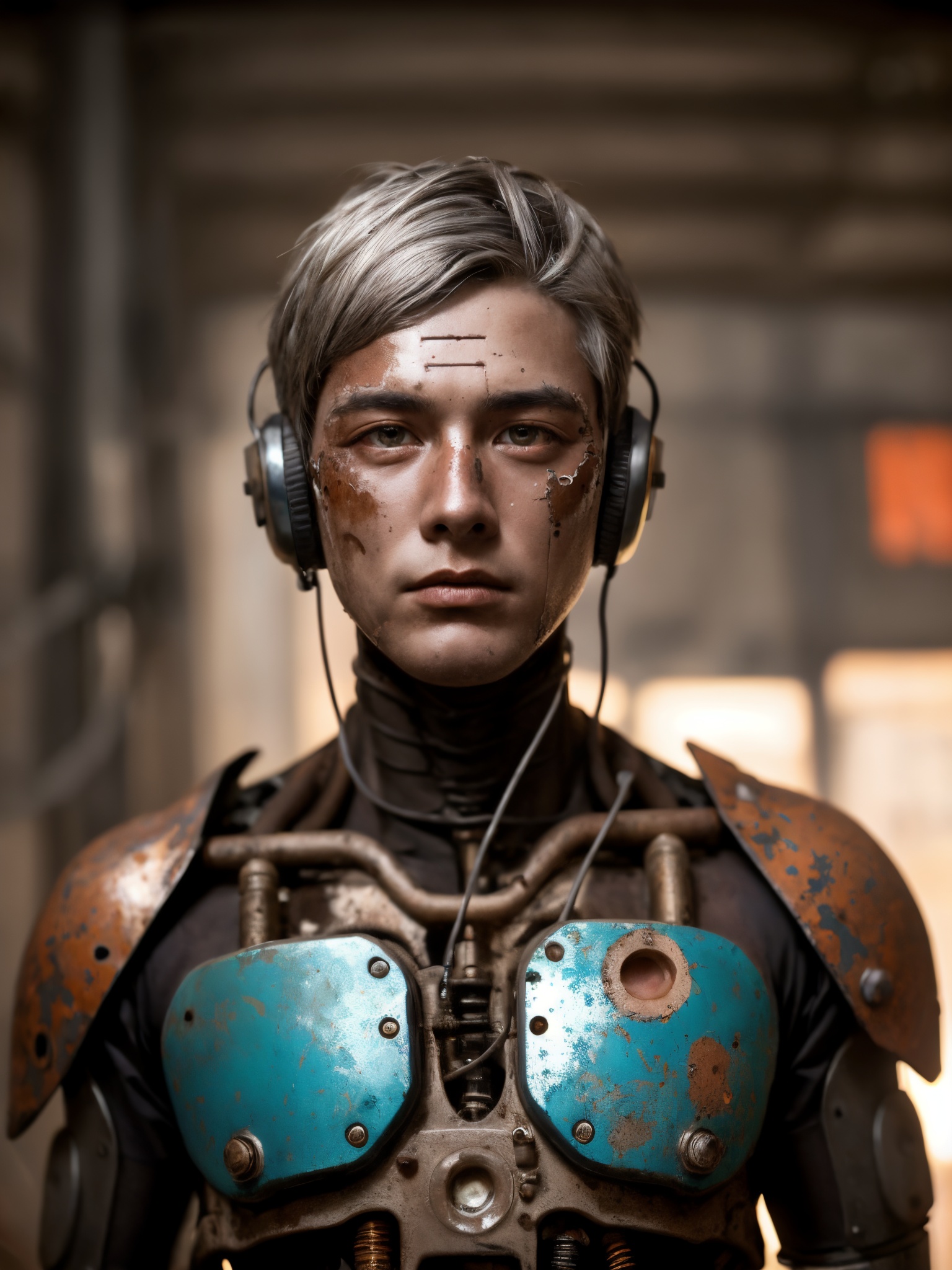 close-up portrait of an aged male android, his face a mosaic of weathered, rusted metal plates and exposed circuitry. Silver hair, streaked with the patina of time, partially covers his ancient mechanical cranium. His eyes, one human-like and the other a glowing amber optic, stare intensely into the camera, conveying a lifetime of synthetic memories. The remnants of paint and old battles mar his metallic skin, suggesting a history of service and survival. His neck and shoulders, visible parts of an intricate network of corroded metal and frayed wires, blend into his torso, hinting at a complex structure beneath. The background is dark and subdued, focusing attention on the fine details of his face, the texture of rust, the subtle hints of blue and red corrosion, and the delicate balance between human semblance and mechanical originunderbelly