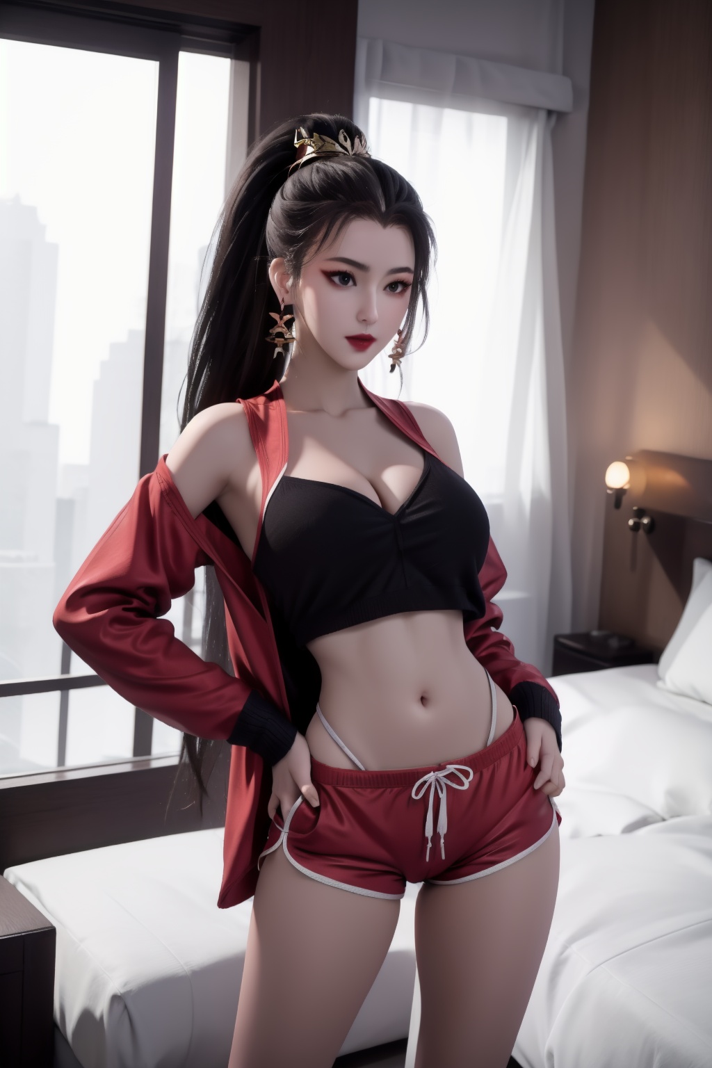 1girl, crop top, masterpiece, best quality, highly detailed,(cleavage),(camel toe),vivid color,black hair,sweater, sleeves past wrists,very long hair,earrings,luxury bedroom,indoor,sexy pose,(red dolphin shorts:1.2),hands on hip,medium breasts,highleg panties,hair bun,ponytail,hair ornament,forehead mark,facial mark