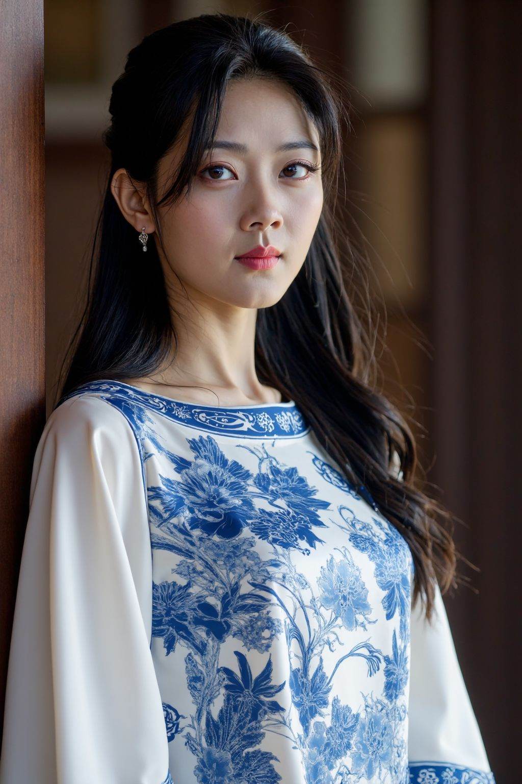 HDR photo of cinematic film still,This is a beautiful photograph of a woman,black hair cascading over her shoulders,She is wearing a boatneck white and blue chinese dress,Standing,Looking at the viewer.