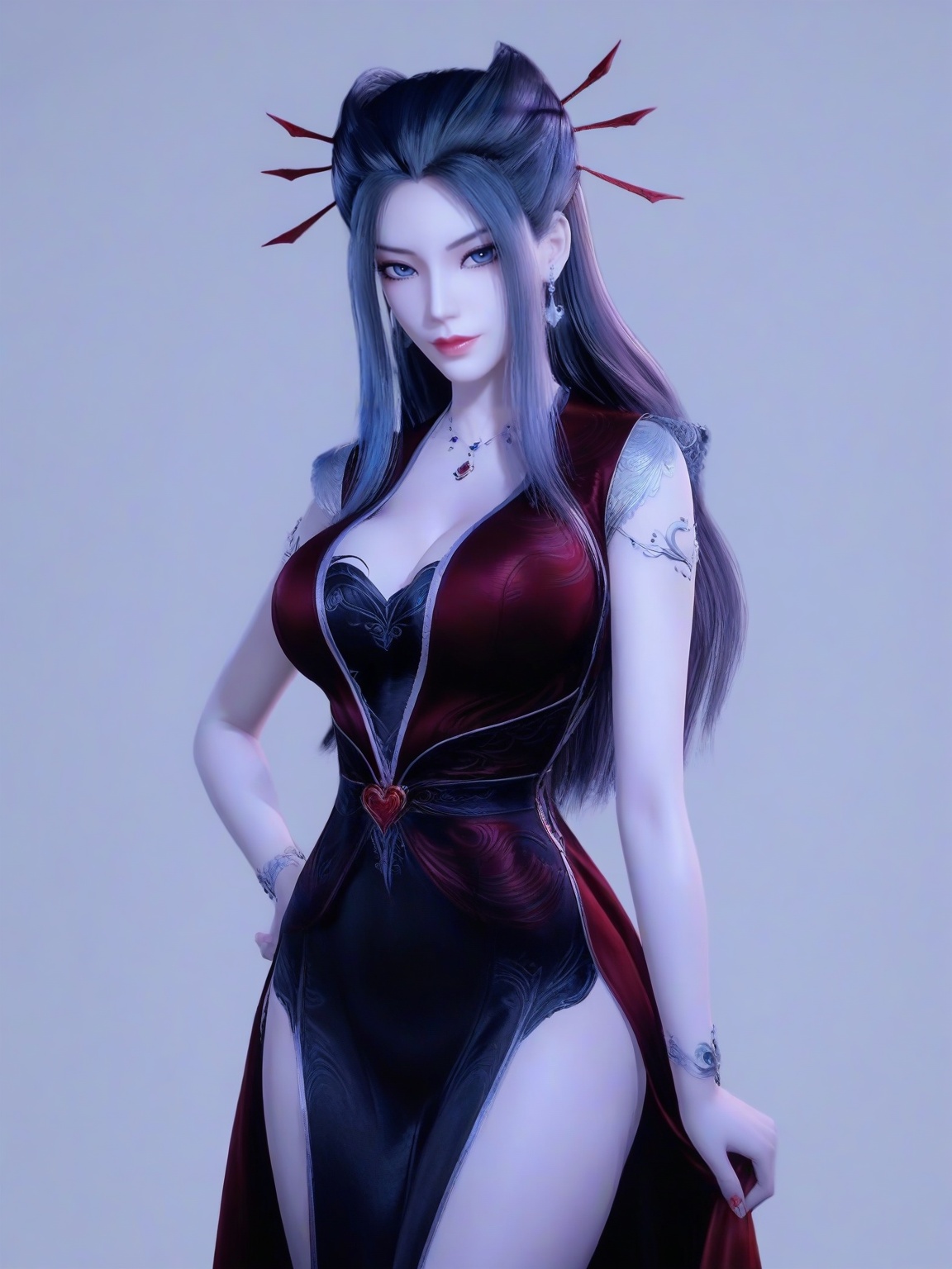score_9,1girl,solo,dress,long hair,standing,earrings,hair ornament, eyelashes, large breasts, standing,lipstick,cowboy shot, looking at viewer,simple background,<lora:SF_YanLingJiRedClothes_Pony_Realism2.3-000004:0.7>,
