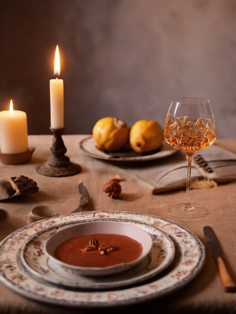 zisexi,no humans,fork,plate,cup,still life,blurry,book,drinking glass,knife,candle,table,masterpiece,8K,realistic,UHD,<lora:zongse 1.0:1>,