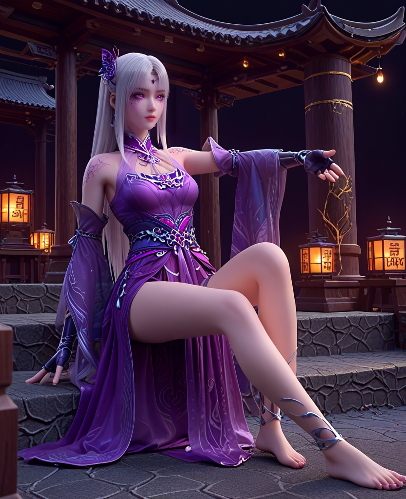(oriental architecture, elegant decor, sophisticated style:1.1),(Sitting with legs stretched out, reaching for toes,:1.1),(breasts:1.2),<lora:XL斗破苍穹小医仙P:0.85>,elder sister,purple dress,white hair,(purple eyes:1.1),bangs,hair ornament,bare shoulders,purple veil,jewelry,fingerless gloves,sash,(facial tattoo:1.2),(cracked skin:1.2),, score_9,score_8_up,score_7_up,score_6_up,score_5_up,score_4_up,3d rendering,tag1,tag2, Cinematic Lighting,backlighting,