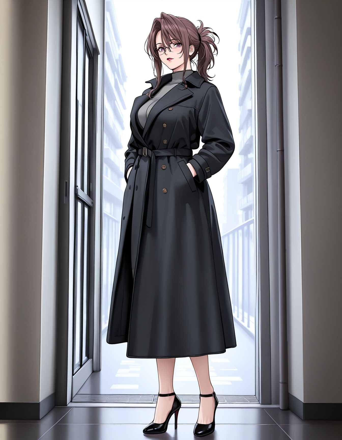 masterpiece,best quality,amazing quality,very aesthetic,high resolution,ultra detailed,perfect details,1girl,solo,<lora:mai_nimigoto_t1:1>,mai_nimigoto_t1,brown_hair,glasses,lipstick,brown_eyes,ponytail,(aged up,:3),full body,coat,