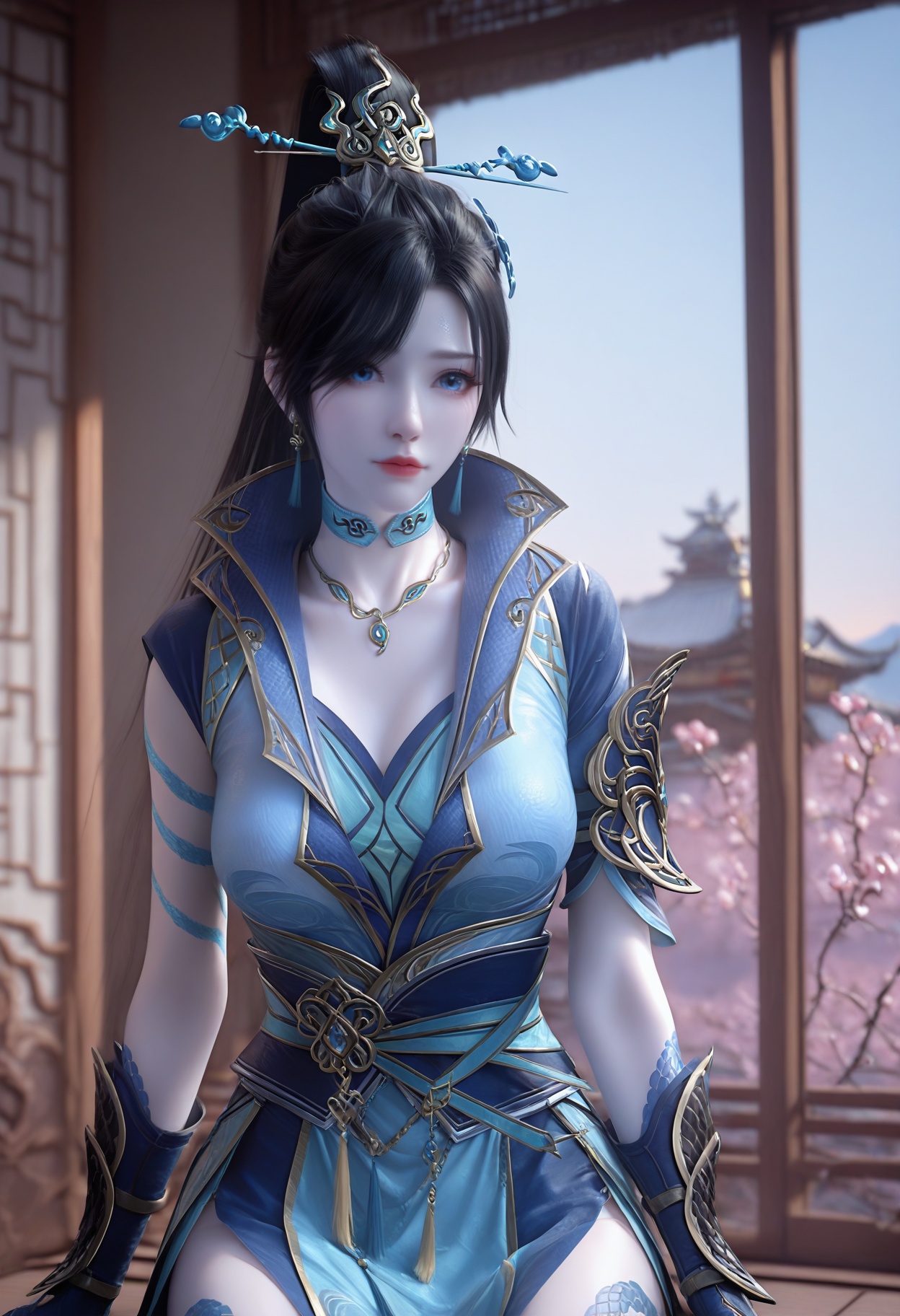 Qing_ling,1girl,jewelry,earrings,hair ornament,blue eyes,black hair,hair bun,necklace,single hair bun,looking at viewer,tattoo,hair stick,high ponytail,cowboy shot,<lora:Qing_ling_10_illu-000004:0.75>,gloves,fingerless gloves,collar,official alternate costume,chinese clothes,sash,blue dress,choker,hip vent,scales,photorealistic,hyperrealistic,<lora:realistic filter [IL]:1>,(pale skin:1.1),sitting,lantern,open window,looking at viewer,indoors,mountains,blossoms,flowers,east asian architecture,beautiful sunrise,warm ambient temperature,