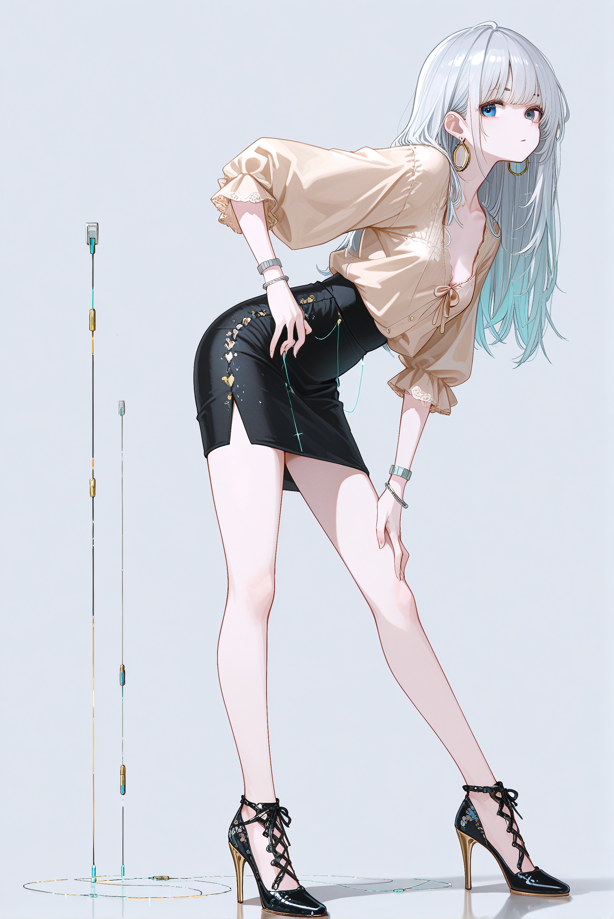 A girl in a standing position, , aquamarine, matte burgundy pencil skirt, soft ivory blouse with hidden microcircuit thread, thin platinum wristband, lace-up patent pumps, tiny hoop earrings,