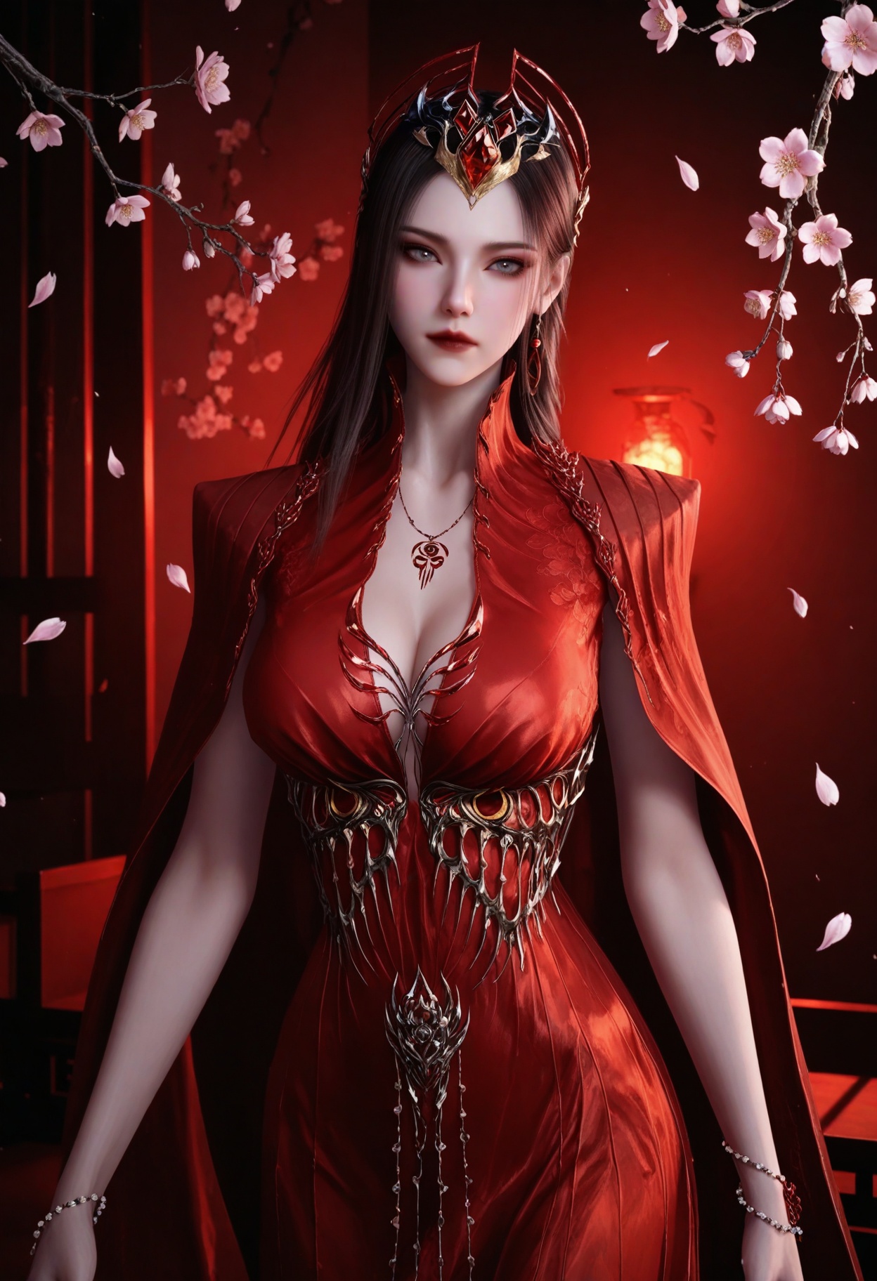 (looking at viewer:1.1),upper body,(Dark room:1.3),(moody lighting:1.1),peach blossom,falling petals,(large breasts:0.8),yexishui,1girl,solo,long hair,jewelry,red dress,dress,brown hair,closed mouth,realistic,hair ornament,earrings,cape,grey eyes,necklace,bracelet,red lips,high heels BREAK masterpiece,(best quality),(intricate details:0.9),(realistic skin:1.2),<lora:QQSillyexishuiV1:0.8>,