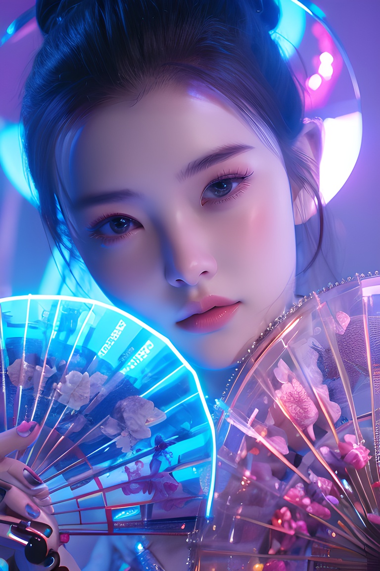 light pink,colorful, neon lights, Cyberpunk beauty ,1girl, Chinese fan,<lora:20240218-1708234260649:0.7>, <lora:lora_美女大胸写实:0.4>, <lora:meinv123:0.6>