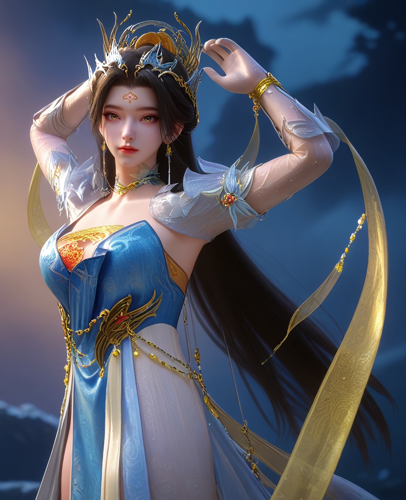 (She stands with her hands on her lower back, stretching upwards.:1.1),looking at viewer,(large breasts:1.2),<lora:XL16云深不知梦炽阳华明蓝色便服:0.95>,miss chiyanghuaming,blue tiered dress,forehead mark,black hair,very long hair,hair ornament,earrings,jewelry,choker,hagoromo,white gloves,yellow sheer bandeau,white overskirt,sash,, score_9,score_8_up,score_7_up,score_6_up,score_5_up,score_4_up,3d rendering,tag1,tag2, Cinematic Lighting,backlighting,