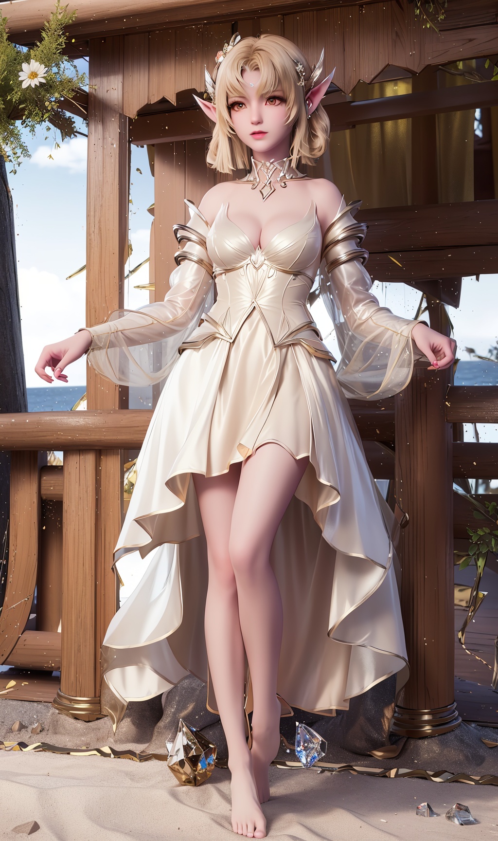 3D,masterpiece,(best quality),official art, extremely detailed cg 8k wallpaper,((crystalstexture skin)), (extremely delicate and beautiful),(highly detailed),(1girl), (solo), (jewelry), (breasts), (earrings), (blonde_hair),(hair),(hair_ornament),(handwear),  (long_hair), (medium_breasts), (clothes),(dress),(skirt),(pointy_ears),(long_sleeves) ,((full body)),(barefoot),(bare leg),(whole body),(sunshine, outdoor,),((looking_at_viewer)),((Facing the camera)),, <lora:hipoly3DModelLora_v10:0.3>