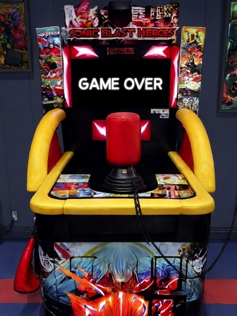 sonic blast heroes,  punching machine,  english text: "Game Over" on black screen on Tensor.Art