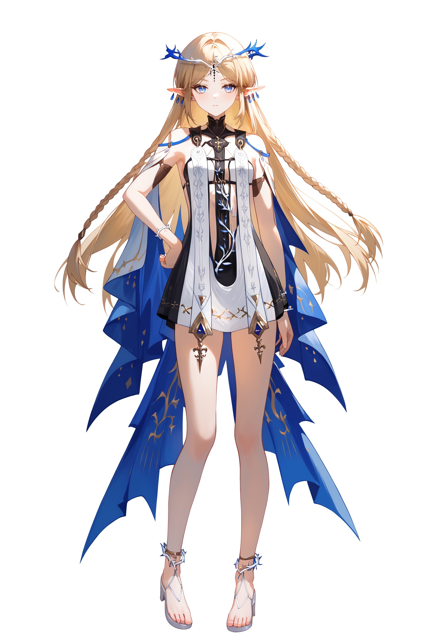 score_9,score_8_up,score_7_up,score_anime,8k,best quality,masterpiece,(ultra-detailed),(high detailed skin),(by nanoless, by misumi \(macaroni\),:0.5),<lora:YLI 0.1v:0.25>,<lora:style1:0.25>,A full-body portrait of a young girl,standing gracefully,pastel art style,high-key lighting,shoujo manga influence,hd quality,delicate details,full body,full shot,standing,looking at viewer,(solo:1.2),simple background,white background,hand on own hip,<lora:Cartethyia&Fleurdelys-pony-Tanger-000019:0.8>,Cartethyia \(wuthering waves\), clothes: Cartethyia **** style clothes, small blue and white crown of thorns, Cartethyia white dress, black forehead mark, 1girl, blonde hair, pointy ears, long hair, blue eyes, braid, **** girl