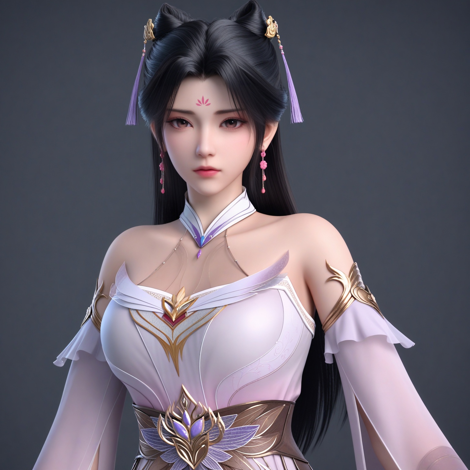 (upper_body:1.1),(huge breasts:0.9),85.<lora:YQponymengkeerV2:0.8>,(q1528437228:1.3),solo,jewelry,long_hair,black_hair,earrings,hair_ornament,bare_shoulders,dress,facial_mark,forehead_mark,white_dress,detached_sleeves,hair_bun,tassel,see-through,double_bun,sash,detached_collar,,blush,(looking_at_viewer:1.1),BREAKintricate details,shiny_skin,solo focus,(blurry background:1.1),(depth of field:1.1),perfect_anatomy,(cinematic lighting:0.9),(volumetric lighting:0.9),(simple background,pure black background,black background:1.1),