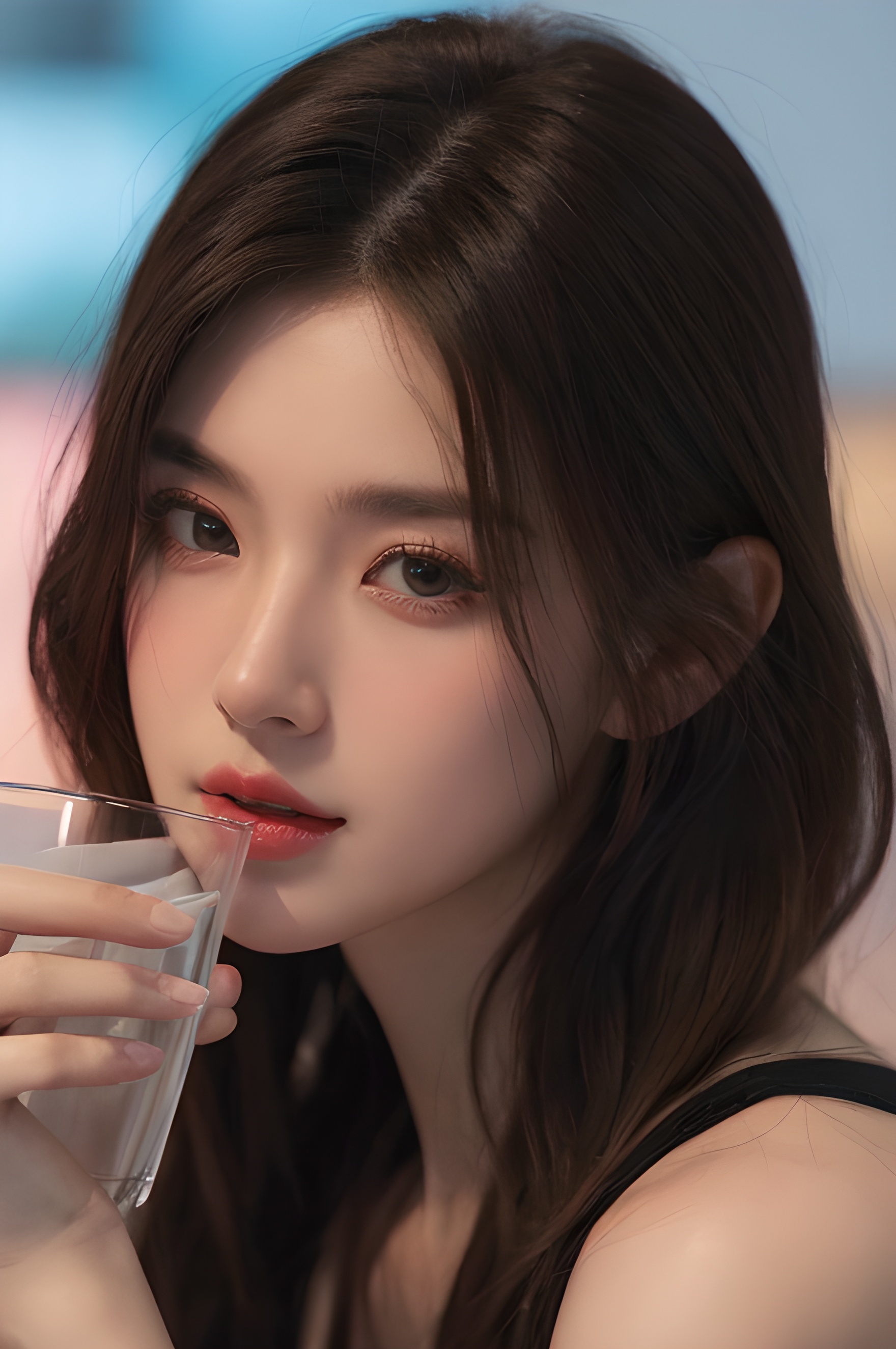 sdmai, fanhua, 1girl, solo, long hair, blurry, looking at viewer, brown eyes, brown hair, bottle, depth of field, parted lips, lips, cup, realistic, drinking glass <lora:绿霞仙子:0.6>masterpiece,high quality,best quality),(colorful),(delicate eyes and face),volumatic light,ray tracing,extremely detailed CG unity 8k wallpaper,realistic,