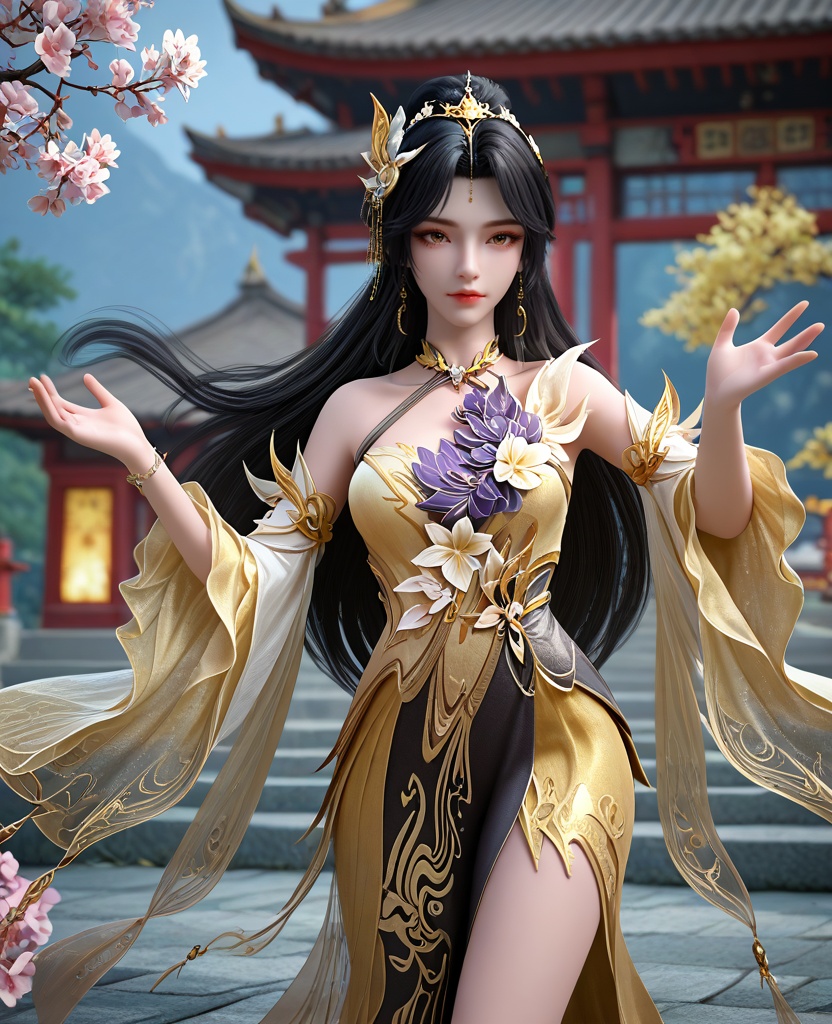 (oriental architecture, elegant decor, sophisticated style:1.1),Hand shading her eyes, gazing forward, with a foot propped up as if scaling a mountain, she embodies the spirit of adventure,(breasts:1.2),<lora:XL16完美世界王曦:0.95>,miss wangxi,yellow high-slit mermaid gown,brown eyes,mole under right eye,black hair,traditional chinese updo with long cascading hair,hair ornament,jewelry,wide flowing sleeves,, zPDXL2, score_9, score_8_up, score_7_up BREAK realistic, masterpiece,best quality, highly detailed,, zPDXL3, zPDXL2,zPDXL, zPDXLxxx, zPDXLrl,