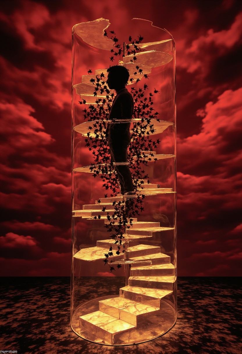 An enormous spiral staircase made of translucent glass ascends into a stormy,  blood-red sky filled with fragmented memori...