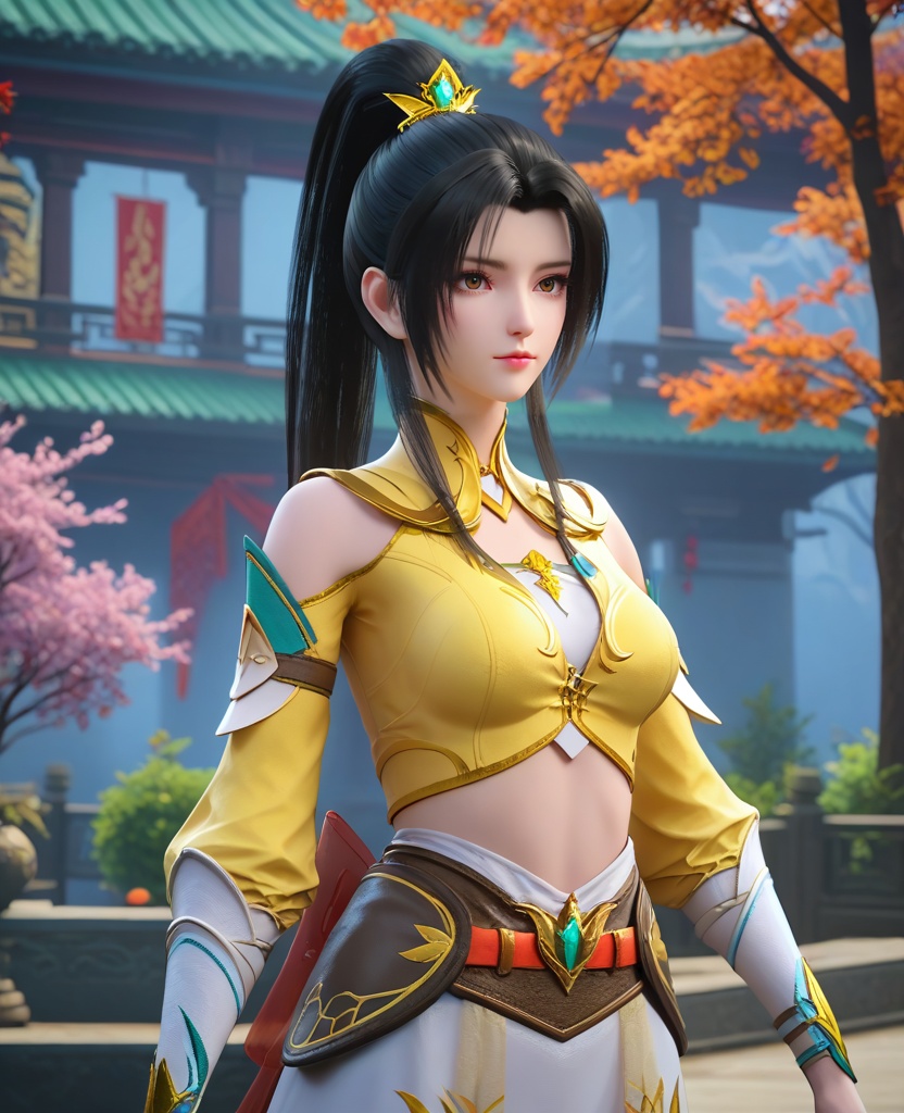 (oriental architecture, elegant decor, sophisticated style:1.1),walking,(breasts:1.2),<lora:XL16大主宰叶轻灵:0.95>,miss yeqingling,yellow crop top,brown eyes,black hair,long hair,high ponytail paired with front strands,hair ornament,white miniskirt,sash,bracer,white boots,bow,shoulder cutout,, zPDXL2, score_9, score_8_up, score_7_up BREAK realistic, masterpiece,best quality, highly detailed,, zPDXL3, zPDXL2,zPDXL, zPDXLxxx, zPDXLrl,