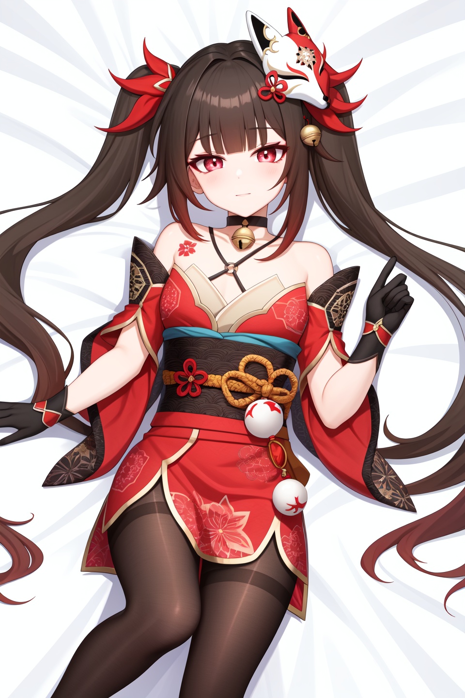 <lora:nai画风:0.0:lbw=paint>,<lora:花火v5:1:lbw=char>,huahuo,twintails,fox mask,red kimono,mask on head,black gloves,detached sleeves,choker,high quality,jingle bell,tattoo,black pantyhose, lying on bed,from above, (masterpiece,best quality,high quality:1.4),absurdres,
